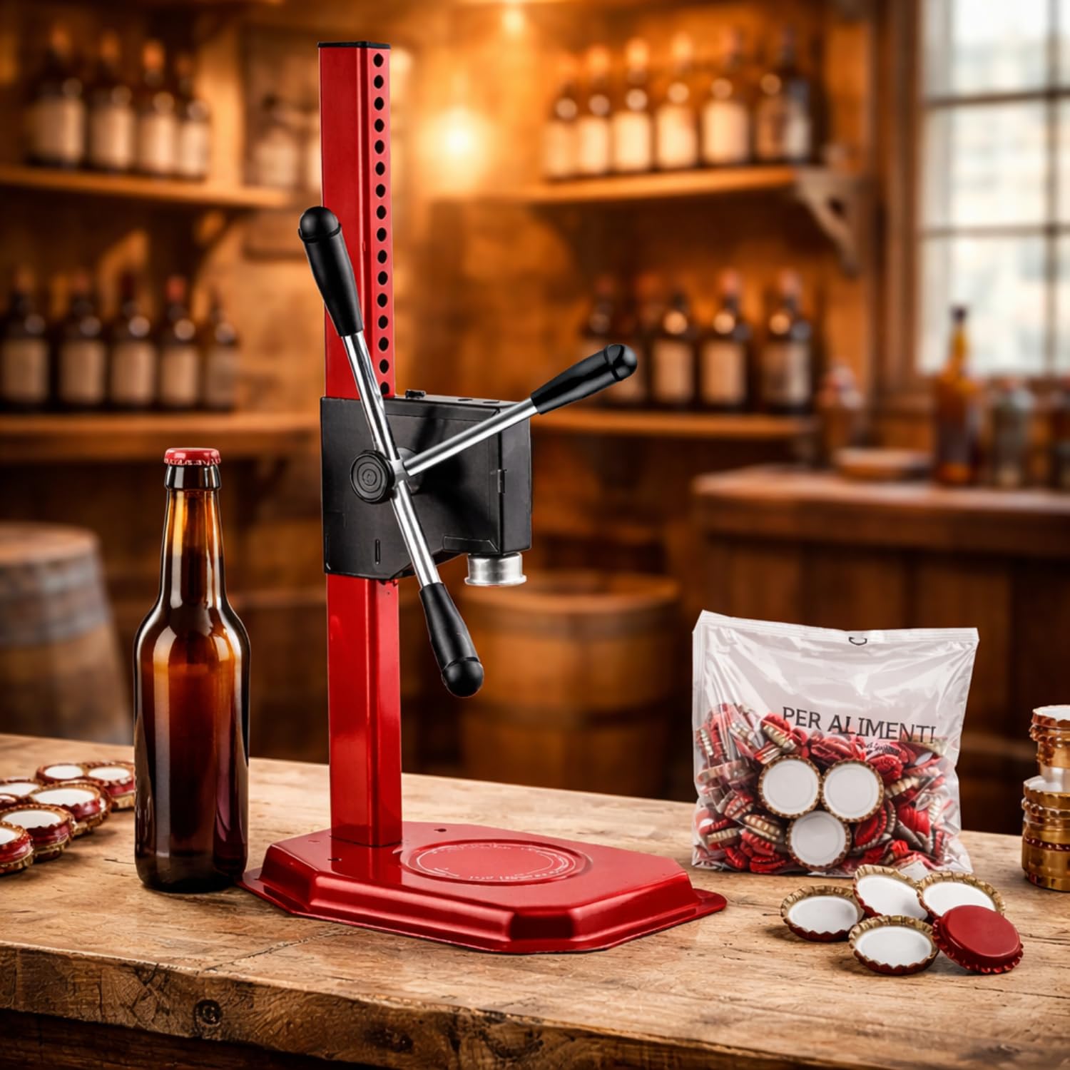 VIRSUS Tappatrice a Cremagliera 3 Leve RE220, Misura 27x52 cm, Peso 3,25 kg, Capsulatrice a Colonna Manuale da Tavolo per Tappi Corona Ø 26 mm Bottiglie Vino Birra + 100 Tappi a Corona Diam 26 mm