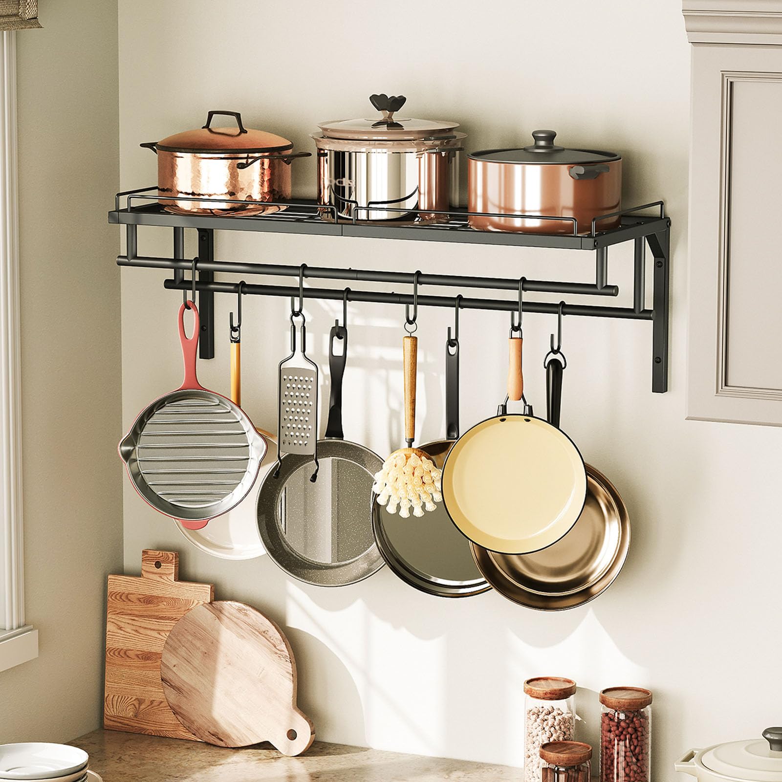 CHOEZON Kitchen Shelves Wall Mounted, Wall-Mounted Pot Pan Rack, Kitchen Cookware Organizer, Metal Pot Rack Holder, for Cookware, Utensils Organization, Black DTPR38BB