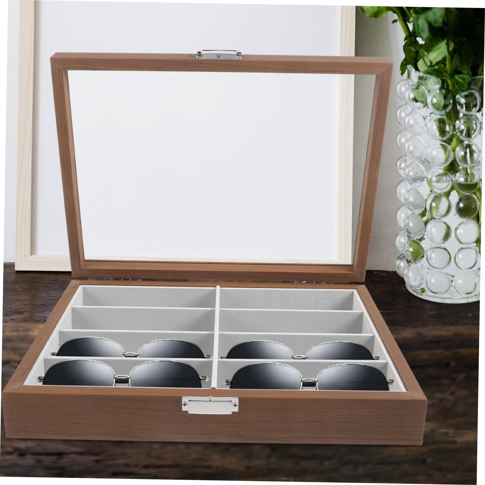 LIFKOME Caja para Guardar Gafas de Sol de Madera, 8 Ranuras, Transparente | Almohadilla Interior de Fieltro, para Exhibir en Ventanas Transparentes, Celebracion Verano