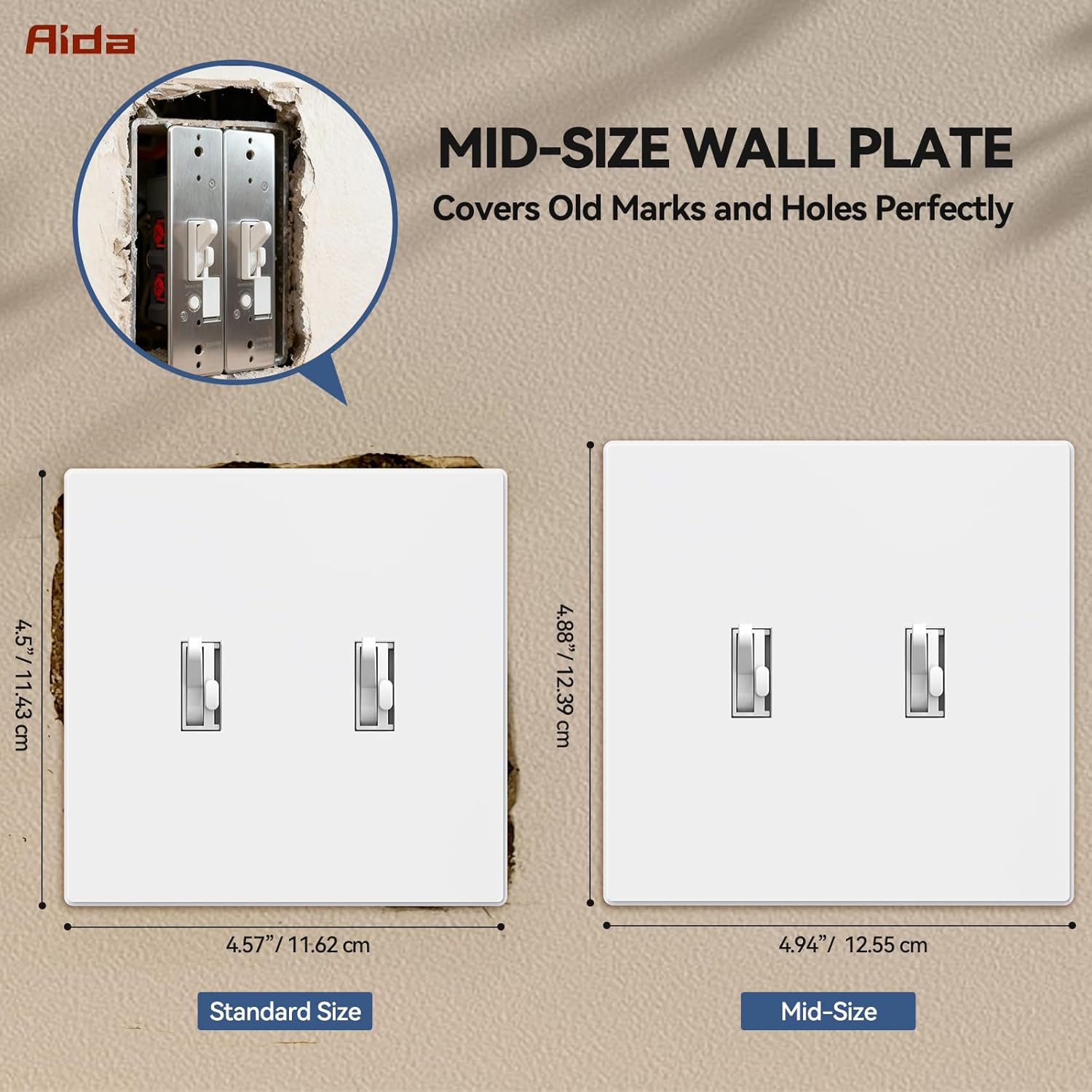 AIDA 2-Gang Midsize Screwless Toggle Light Switch Cover Plate, Matte White, 10-Pack Unbreakable Thermoplastic Electrical Wall Switch Plates, UL Listed, 4.88"H x 4.94"L