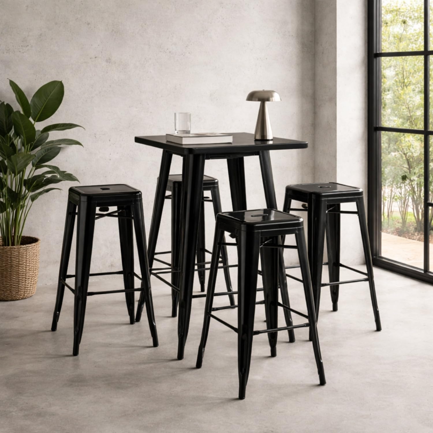 THINIA HOME Pack 4 Taburetes Medios Industriales Apilables de Acero 43x43x76cm