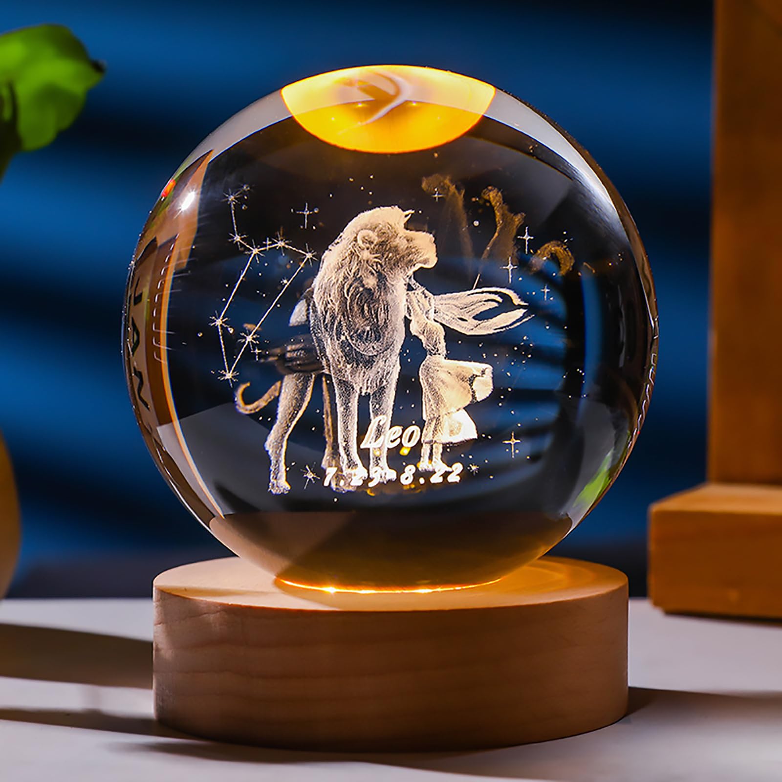 3D Laser Engraved Crystal Ball 80 mm Zodiac Crystal Ball with Solid Wood Stand Gift Box Home Decorative Accessories Creative Gifts (Leo)
