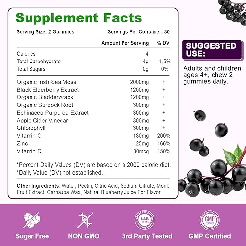 Miniatura 6 de Gomitas veganas de musgo marino con saúco, vejiga, bardana, equinácea, vinagre de sidra de manzana, clorofila, vitamina C, D y suplemento de zinc