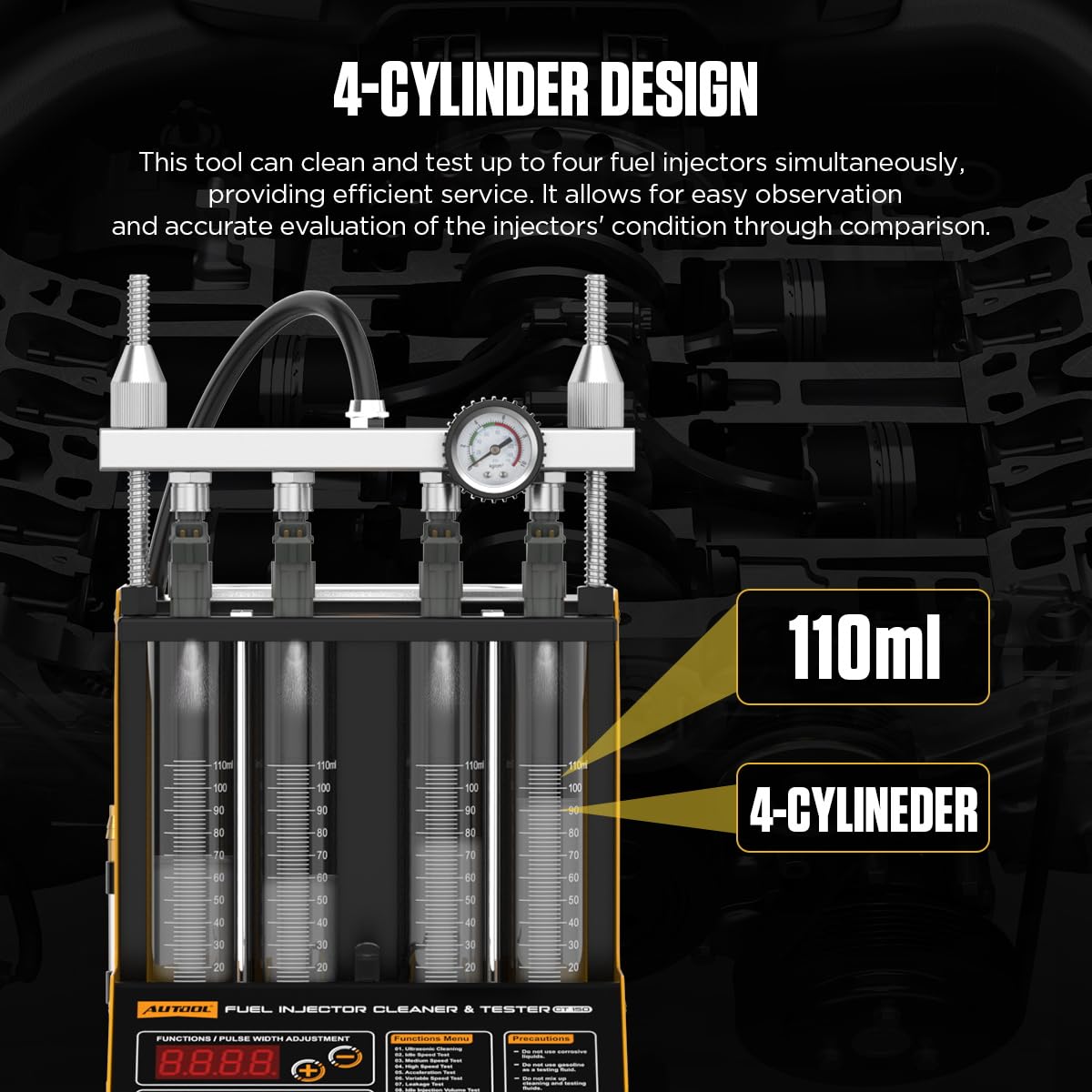 AUTOOL CT150 Machine de Nettoyage d'injecteur à Ultrasons de Voiture 220V, Nettoyeur Testeur Détecteur d'injecteur de Carburant Diesel Essence Moteur avec 4 Cylindres pour Automobile Moto (EU Plug)