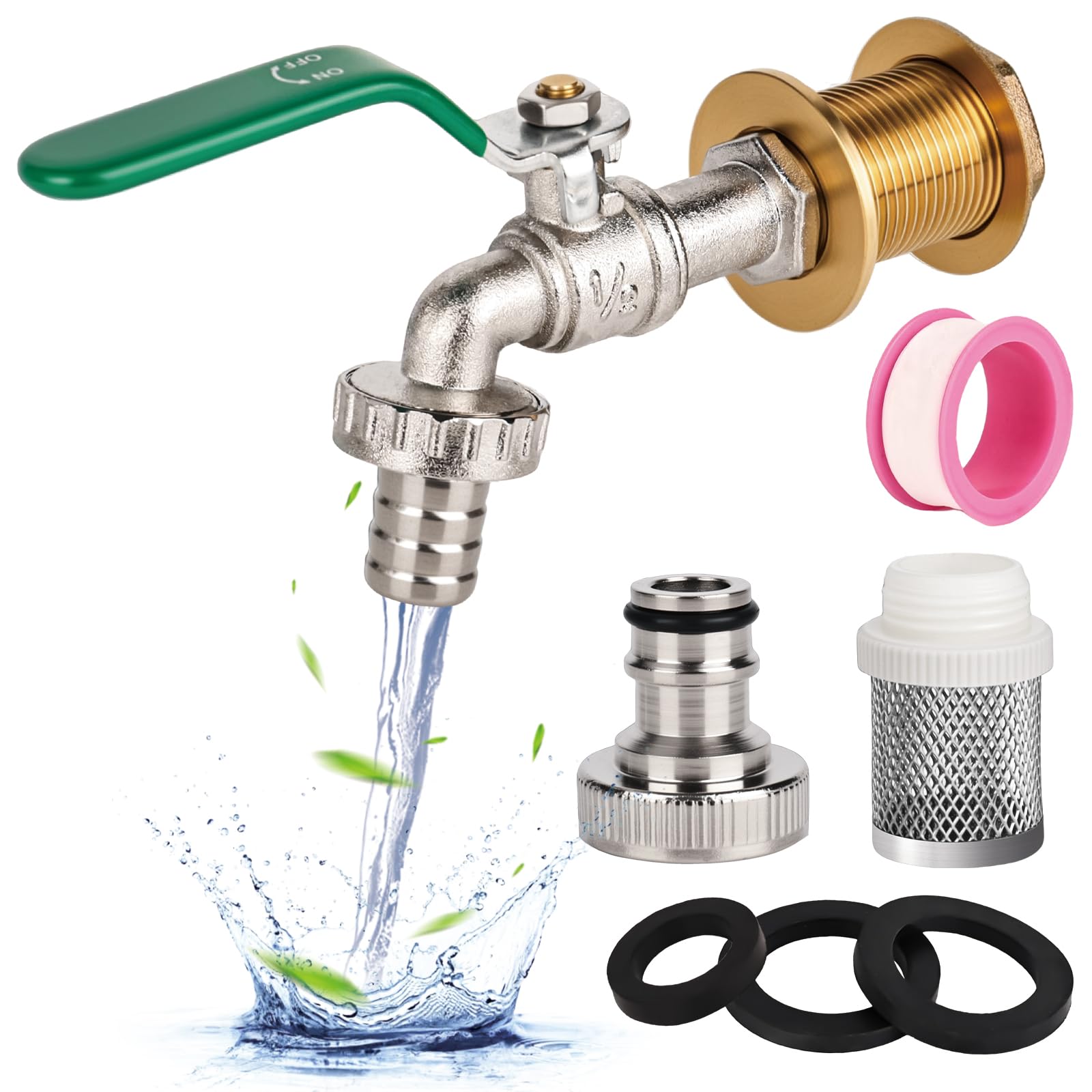 XCWTBL Water Butt/Rain Barrel Outlet Garden Brass Tap with Kit 1/2 Inch Water Faucet Rust and Frost Water Hole Adaptor/Connector 1/2 Inch IBC Water Butt Tap Outdoor Tap Kit for Garden(Green)