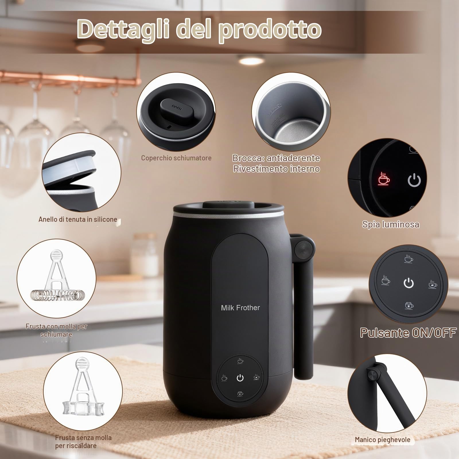 Montalatte e Schiumatore, Montalatte Elettrico 4 in 1 con Controllo Touch Intelligente e Manico Pieghevole Macchina per Schiuma Calda e Fredda per Caffè Latte Macchiato e Cioccolata Calda