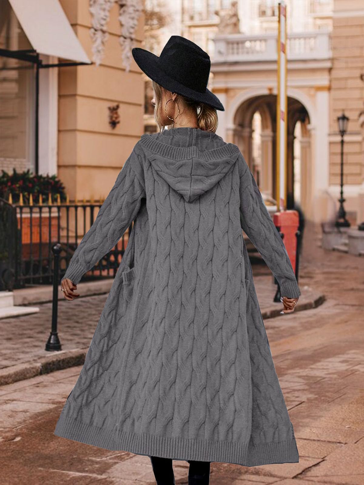 XINWEIZZ Women's Hooded Open Front Long Cardigan Cable Knit Sweaters Side Pocket Oversized Chunky Cardigan Outwear Coat Dark Grey