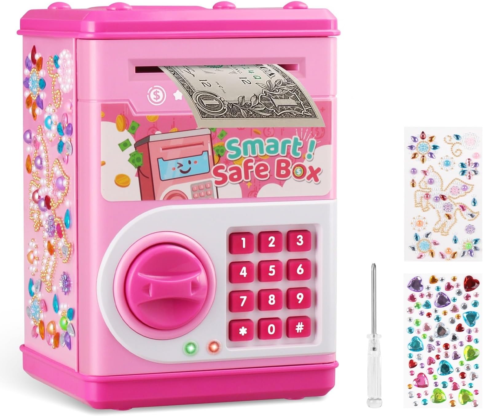 子供用貯金箱 電子コイン貯金箱 女の子用 ミニATMおもちゃ パスワード付き おもちゃ 子供用 安全な貯金箱 DIYステッカー付き