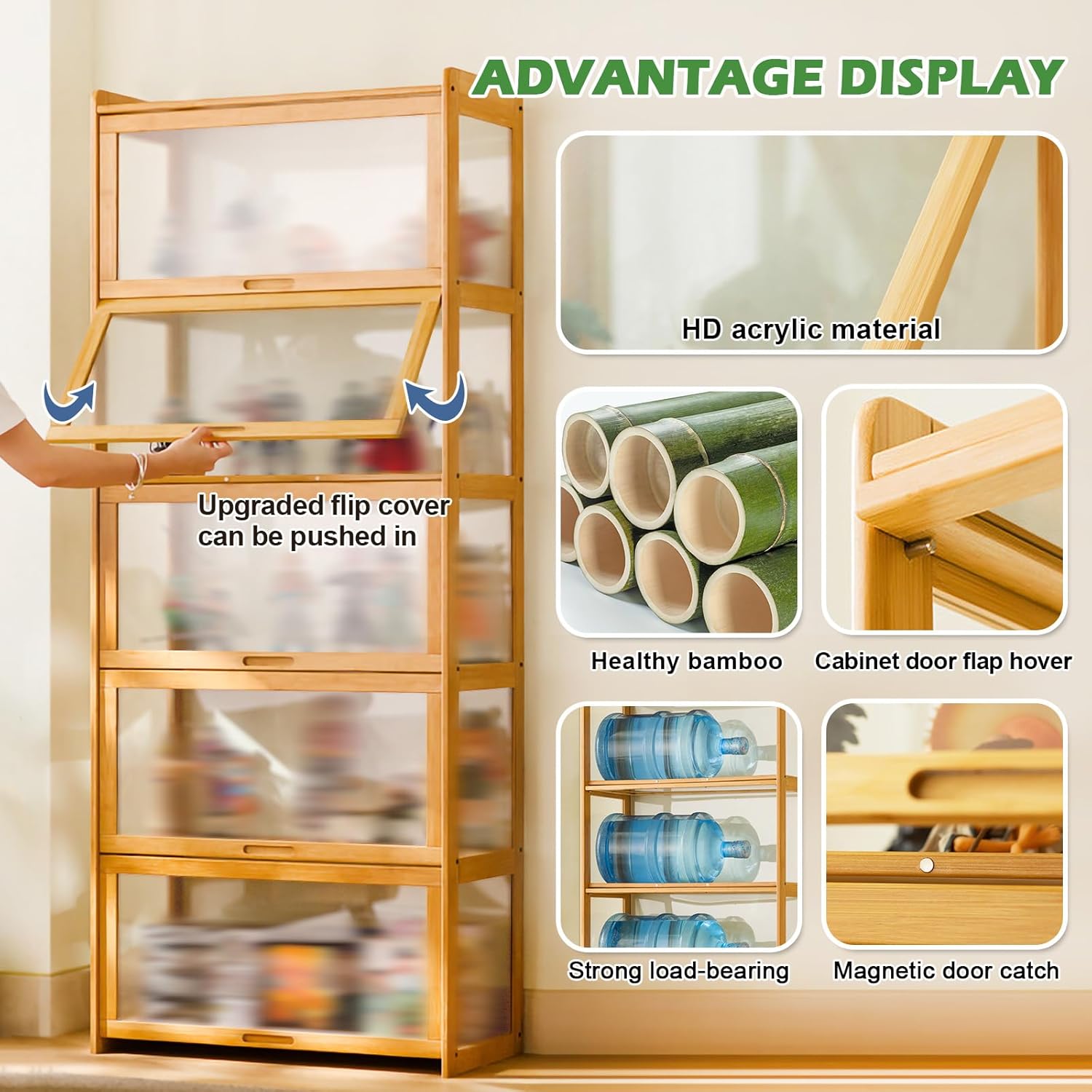 Display Cabinet with Acrylic Doors, 3/4/5 Tier Curio Cabinet, 4 Colors Bookcase, Storage Cabinet for Trophy/Collectibles/Toys/Books, Collection Display Case for Home/Living Room Decor/Pantry