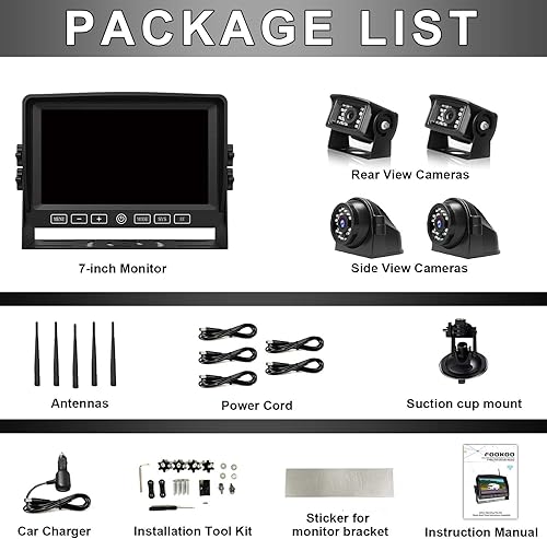 Miniatura 7 de Fookoo Sistema de cámara de respaldo inalámbrico HD de 7 pulgadas, monitor de pantalla dividida cuádruple de 1080P de 7 pulgadas, cámaras de visión