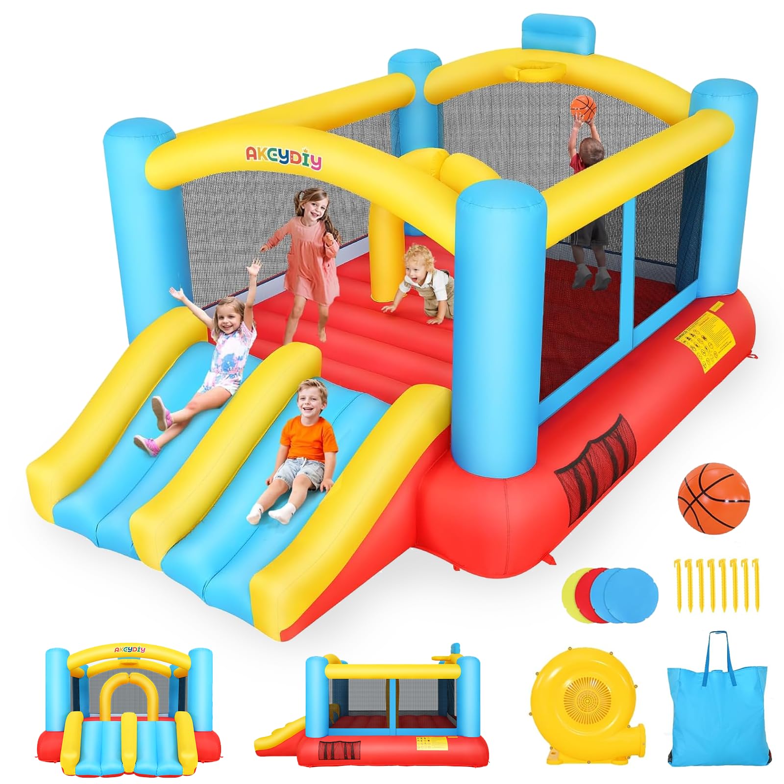 Inflatable Bounce House for Kids 3-12, 12.3FTx9FT Obstacle Bounce House with Dual Racing Slide, Basketball Rim, Bouncy Castle Jump House for Indoor Outdoor Backyard - Blower Included (AKSJ-02)