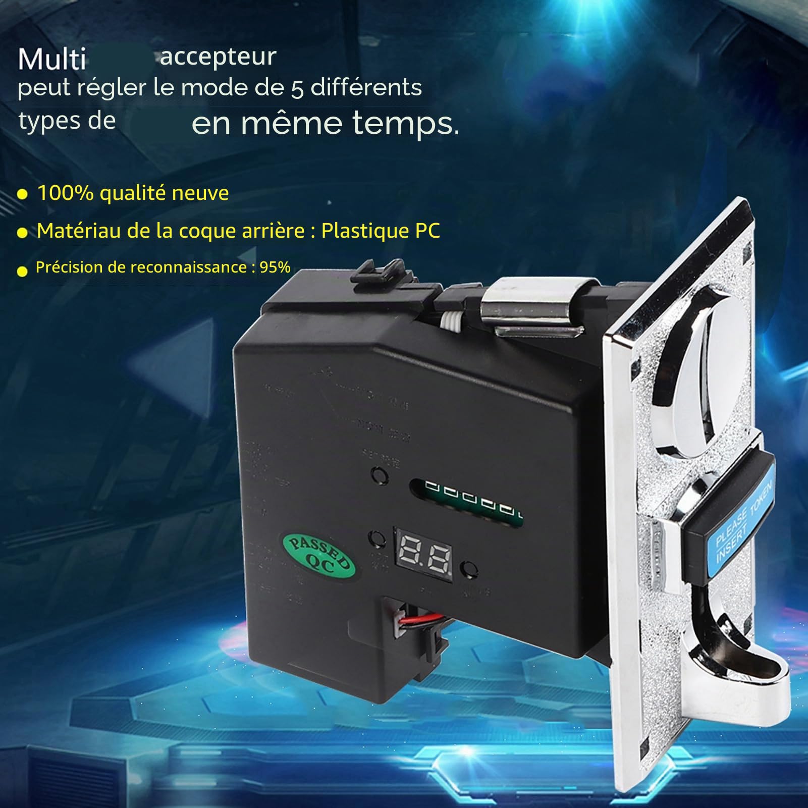 Accepteur de pièces Sélecteur de pièces, Accepte 6 types simultanément avec précision 95 pour identification matériau, Tension de travail 12V anti-phishing anti-choc