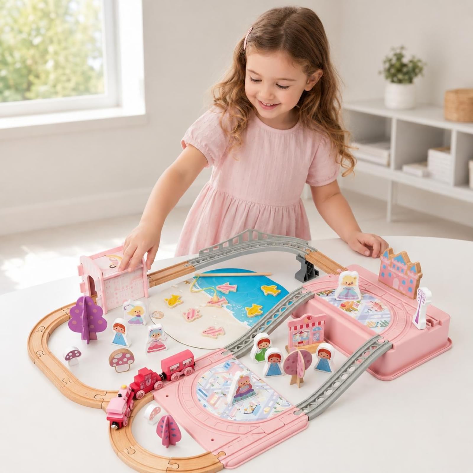 Juguetes de Construcción Infantiles Set de Tren Princesa Pista de Madera Ferrocarril Vagón Accesorios Escenografía con Resistente y Piezas Adecuado