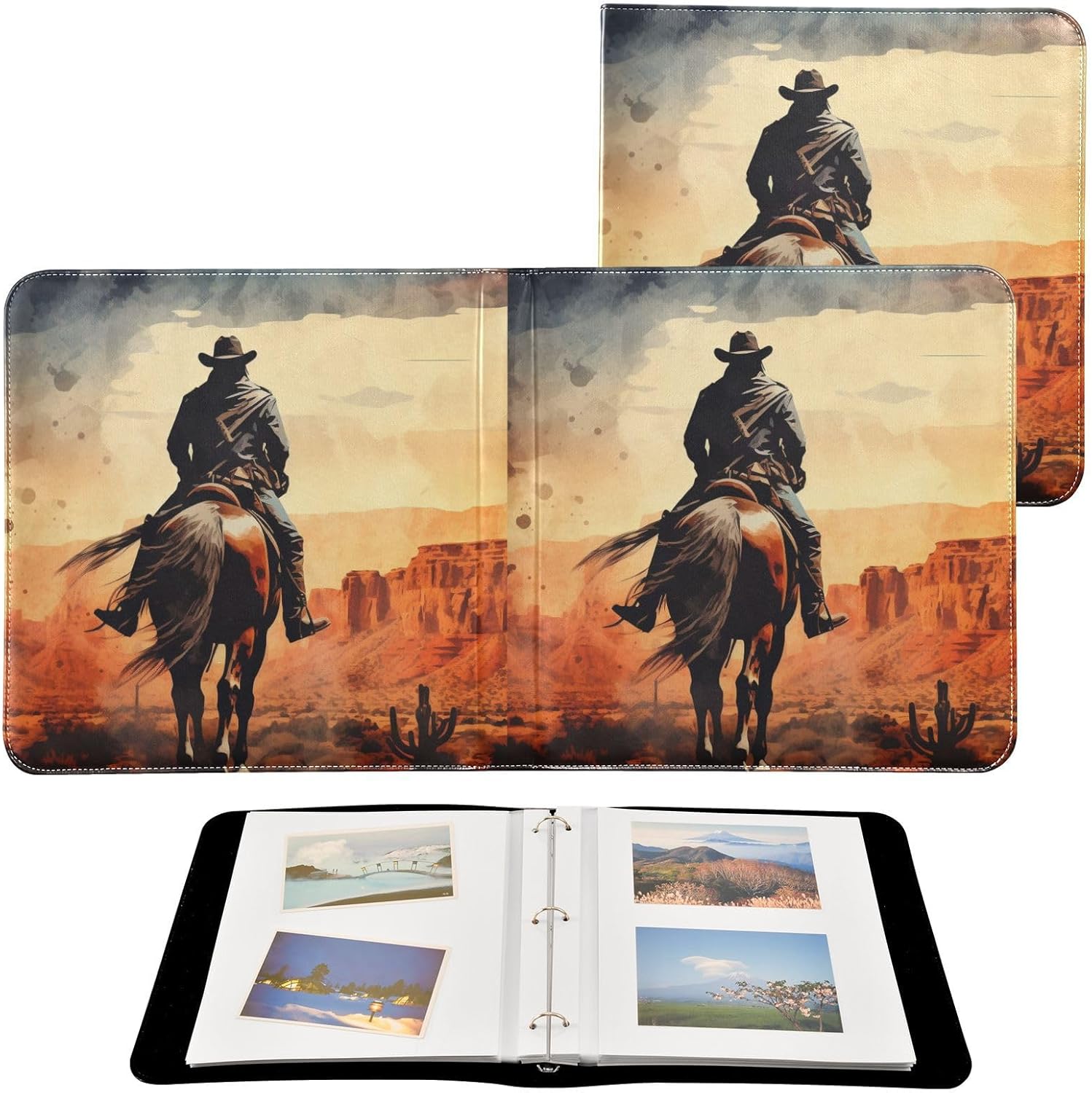 JIPONI Western Cowboy Back Large Photo Album, DIY Leather Cover Scrapbook Albums for 4x6 5x7 6x8 Pictures, Self Adhesive Memory Book for Wedding, Baby, Family