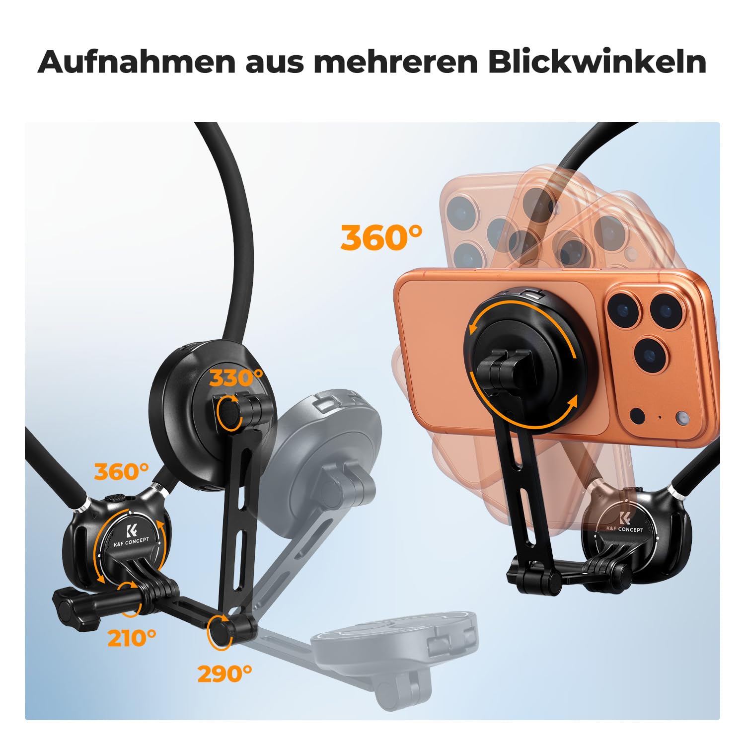 K&F CONCEPT Handyhalterung für den Hals mit Doppelfunktion, magnetische Halterung und Telefonclip, mit luftgepolsterter Basis, 65 cm Länge, komplett mit Riemen und magnetischer Führungsplatte(Schwarz)