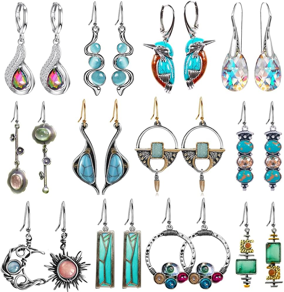 12 Pairs Teardrop Druse Crystal Drop Dangle Earrings for Women Cubic Zirconia Huggie Hoop Earring Jewelry Set Christmas Gifts