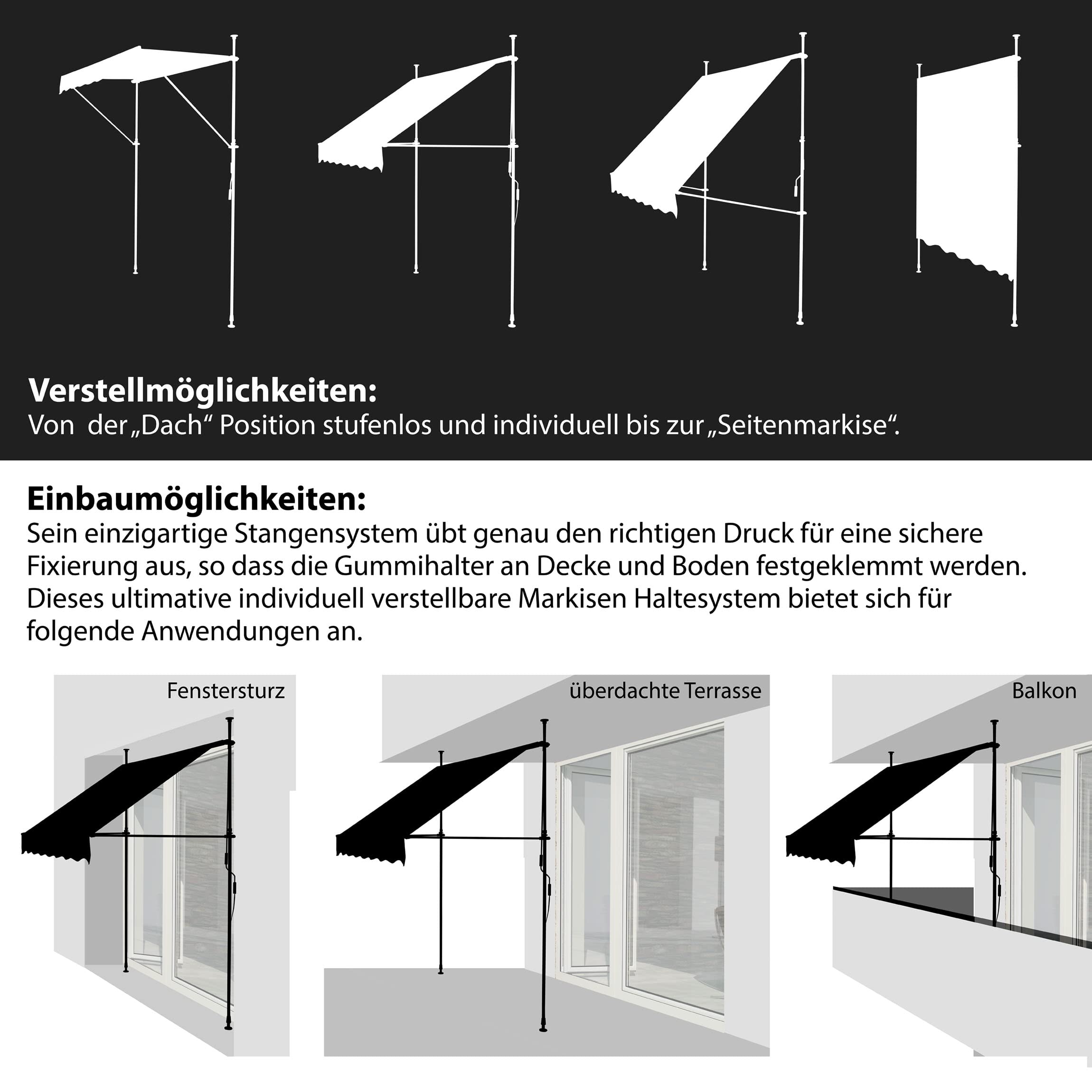 Gartenfreude Klemmmarkise 250 x 120 Sonnenschutz Balkonmarkise Campingmarkise ohne Bohren, Hellgrau – gerader Schnitt, 4900-1525-105, Klemmmarkise 250 x 120 cm