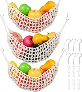 3 Pcs Hanging Fruit Hammock with Hooks, 17 x 10 In, Under Cabinet Macrame Basket, Hand-Woven Boho Fruit Holder, Net Organization Banana Basket, Save Counter Space, for Home Dining Room Boat Camper RV