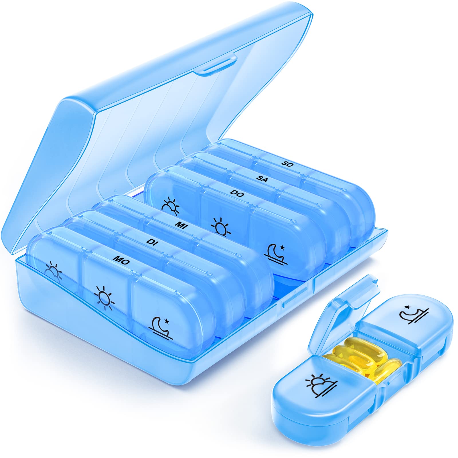 AUVON wöchentlicher Pillendose 7 Tage 3 Fächer, tragbare Tablettenbox 7 Tage mit großen separaten Fächern für Medikamente, Vitamine, Fischöl, Nahrungsergänzungsmittel usw. (Blau)