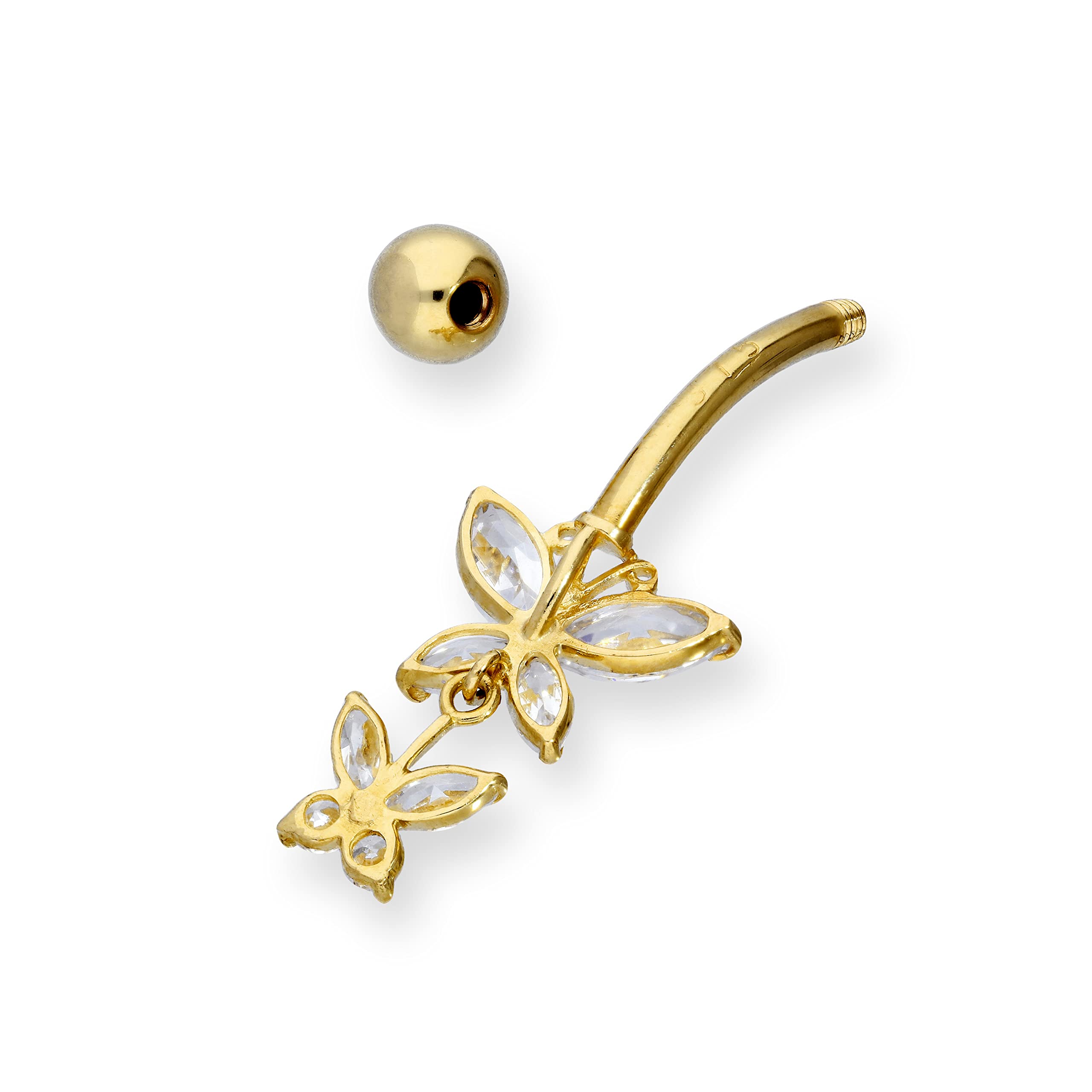 Piercing per ombelico in oro giallo 9kt con due farfalle (di cui una pendente) di pietre Cubic Zirconia CZ - chiusura a sfera
