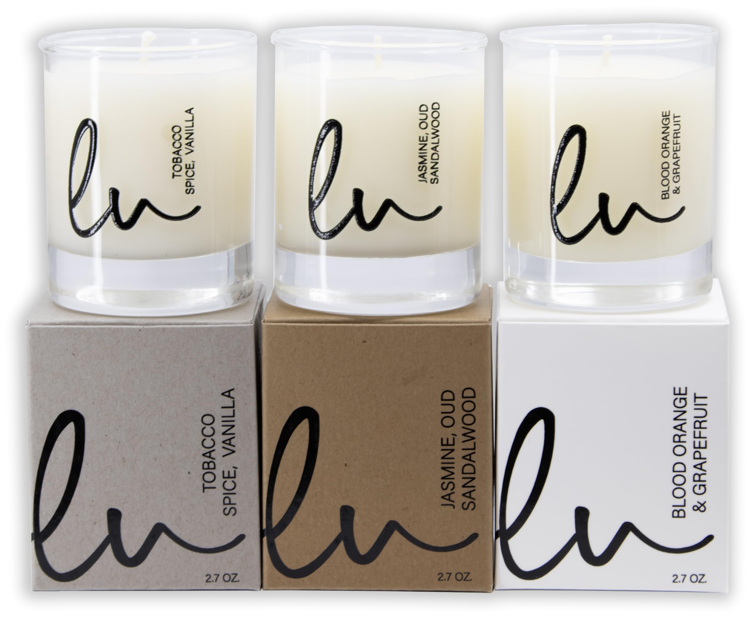 Lulu Candles | Jasmine, Oud & Sandalwood, Tobacco Spice & Vanilla, Blood Orange & Grapefruit | Luxury Scented Soy Jar Candle | Hand Poured in The USA | Highly Scented (Gift Set 3 PC - 2.7 Oz Votives)