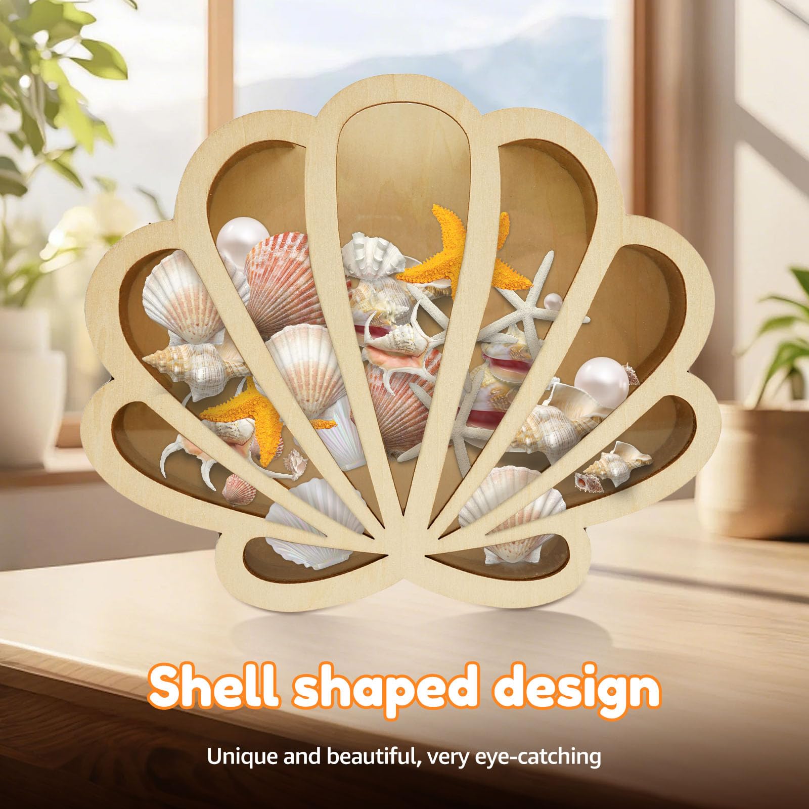 Pojemnik na muszelki, drewniana szafka z wyświetlaczem z panelem akrylowym Seashell Display Box Holder, przenośny uchwyt na wystawę dla dzieci, na plażę, do łazienki, salonu, ochrona domu
