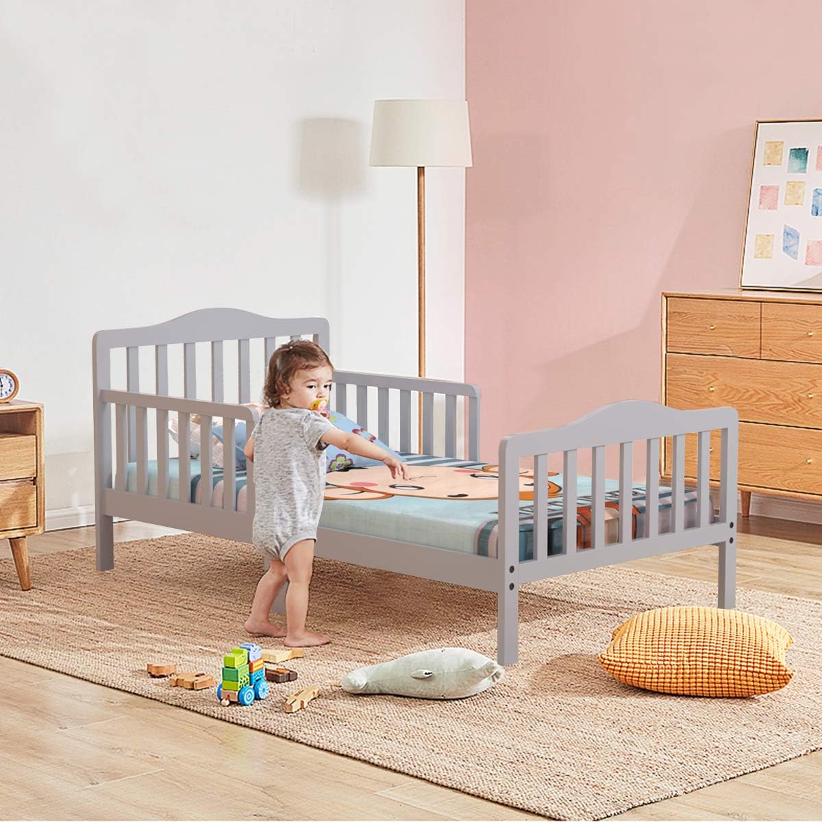 HONEY JOY Toddler Bed Frame, Solid Rubber Wood Frame w/Safety Guardrail, Fits Crib Full Size Mattress (Not Included), Children Classic Sleeping Bedroom Furniture for Kids Boys Girls (Gray)