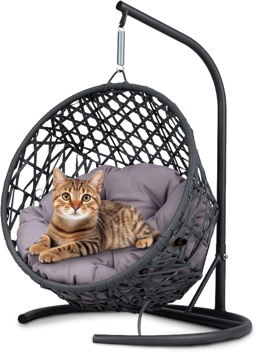 Cat Swing Bed with Stand & Cushion Indoor Outdoor, Cat Egg Chair with Rattan Wicker Appearance, Indoor Hanging Swinging Hammocks Cats Bed for Cat, Dogs, and Small Animals (Gray)