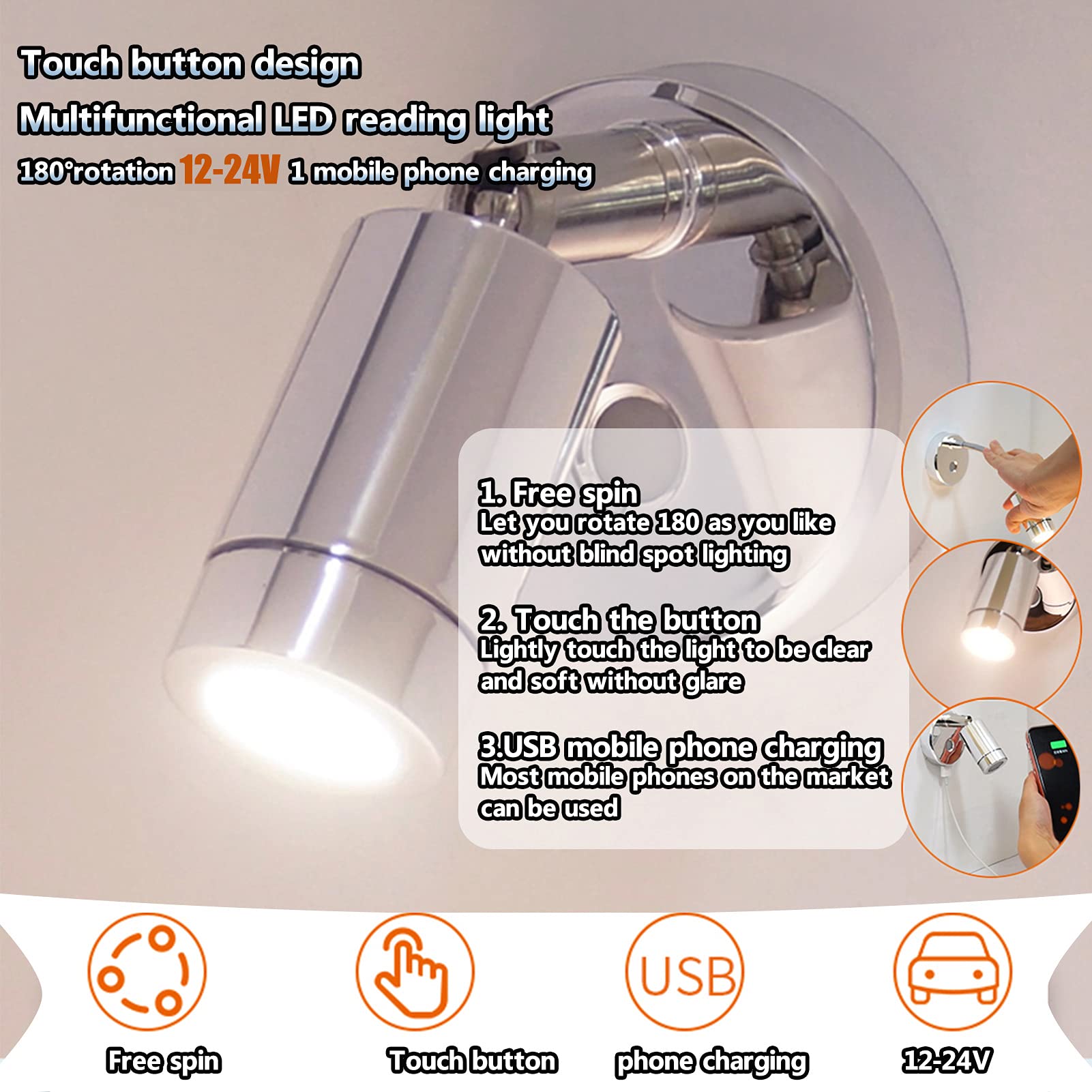 Luz de Lectura Puntual Led, Luces de Lectura con AtenuacióN Continua para VehíCulos Recreativos, LáMpara de Noche Led, Interruptor Ajustable AutomóViles,A
