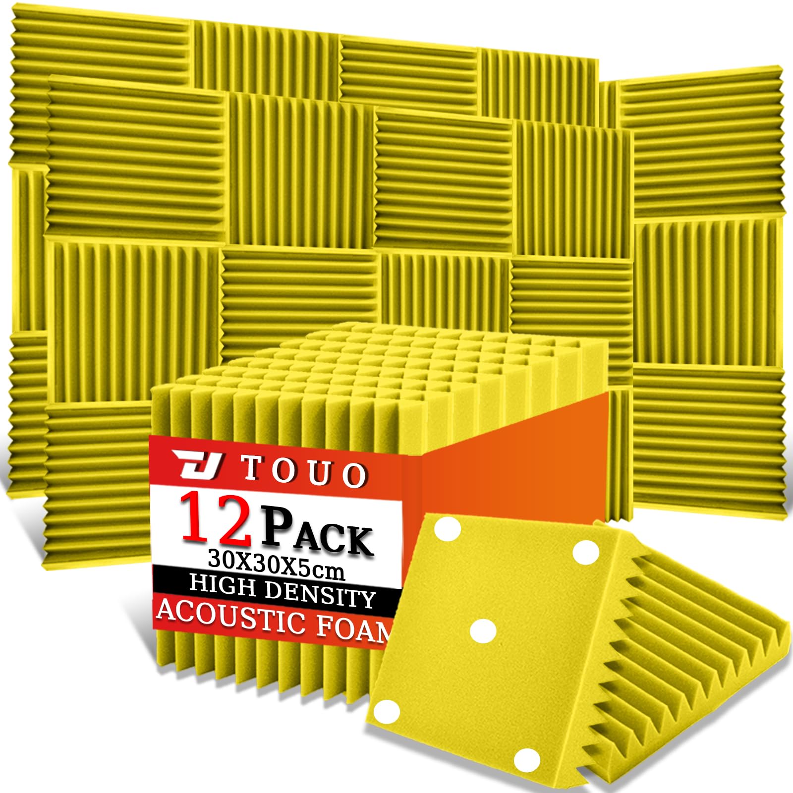 Pannelli acustici 12 pezzi 30×30×5 cm Giallo in schiuma piramidale ad alta densità Fonoassorbenti per pareti e soffitti Studio Ufficio Gaming