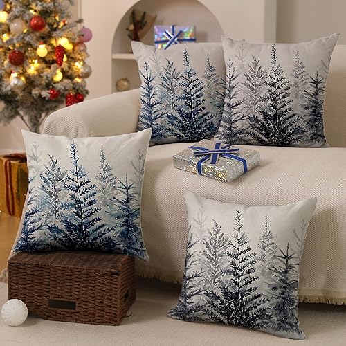 Miniatura 10 de DFXSZ Juego de 2 fundas de almohada de Navidad de 16 x 16 pulgadas, diseño de acuarela azul y verde, árbol de Navidad, estilo rústico, estampado de