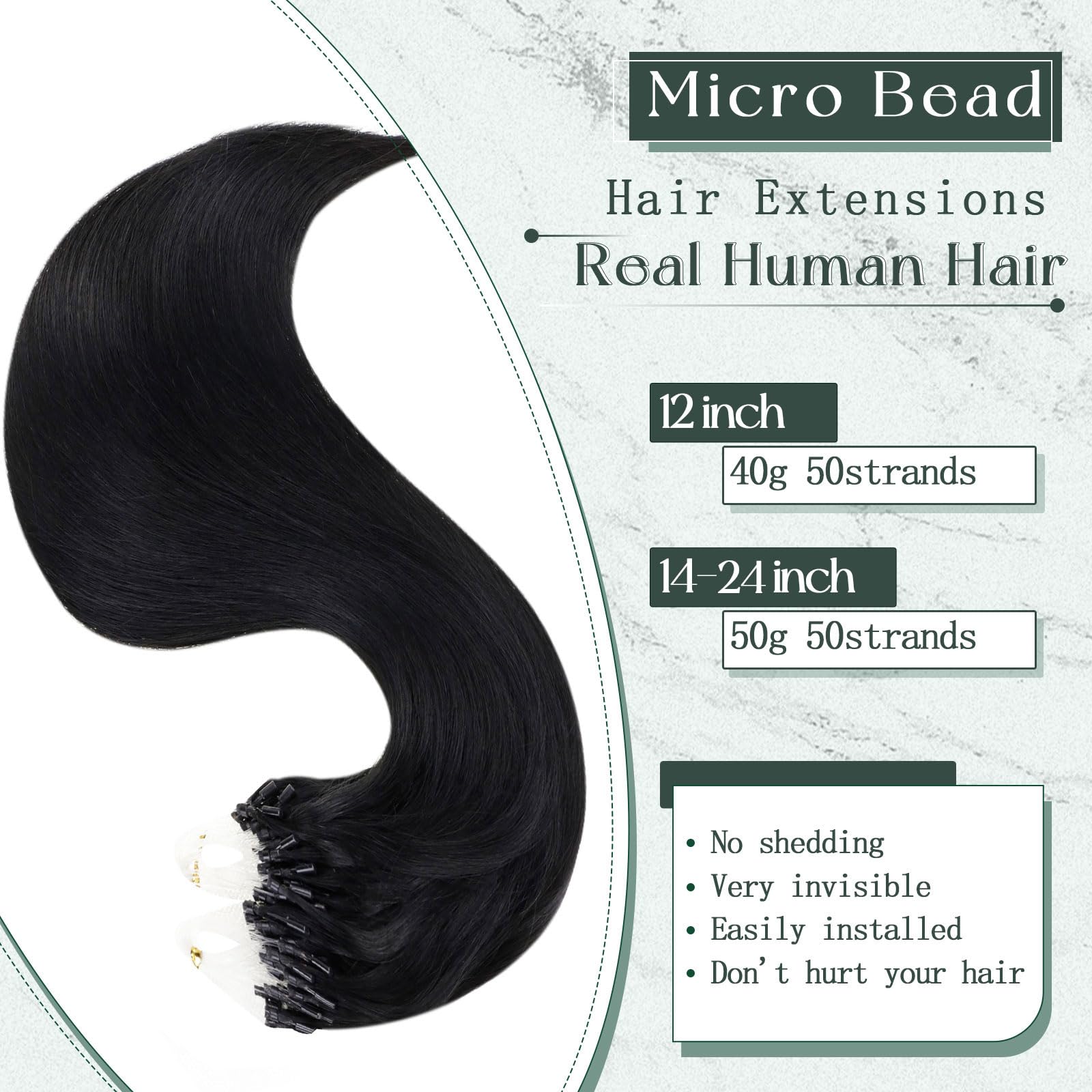 RUNATURE Micro Loop Hair Extensions Real Human Hair Jet Black Micro Hair Extensions Natural Looking Cold Fusion Remy Straight Black Micro Beads Hair 16inch 50s 50g #1 - Image 3