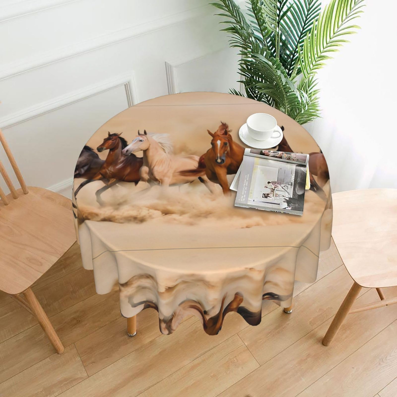 ZHAOUR Running Horse In Desert Sand Storm Print Round Washable Tablecloth – Table Cover