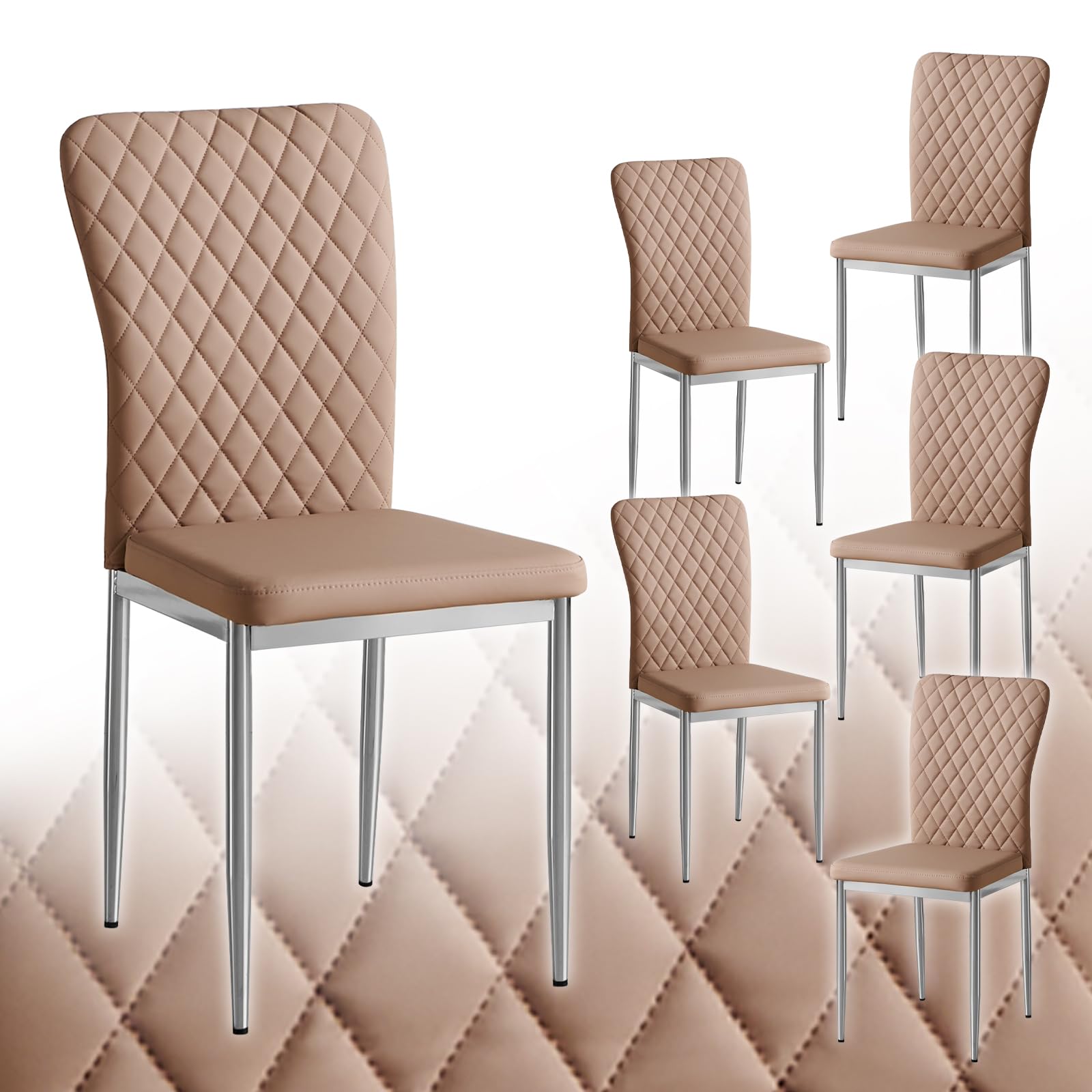 JaHECOME Set of 6 Faux Leather Dining Chairs High Back Padded Kitchen Chairs with Metal Legs for Kitchen Living Room Lounge Office,6 PU Latte Chairs — image 1