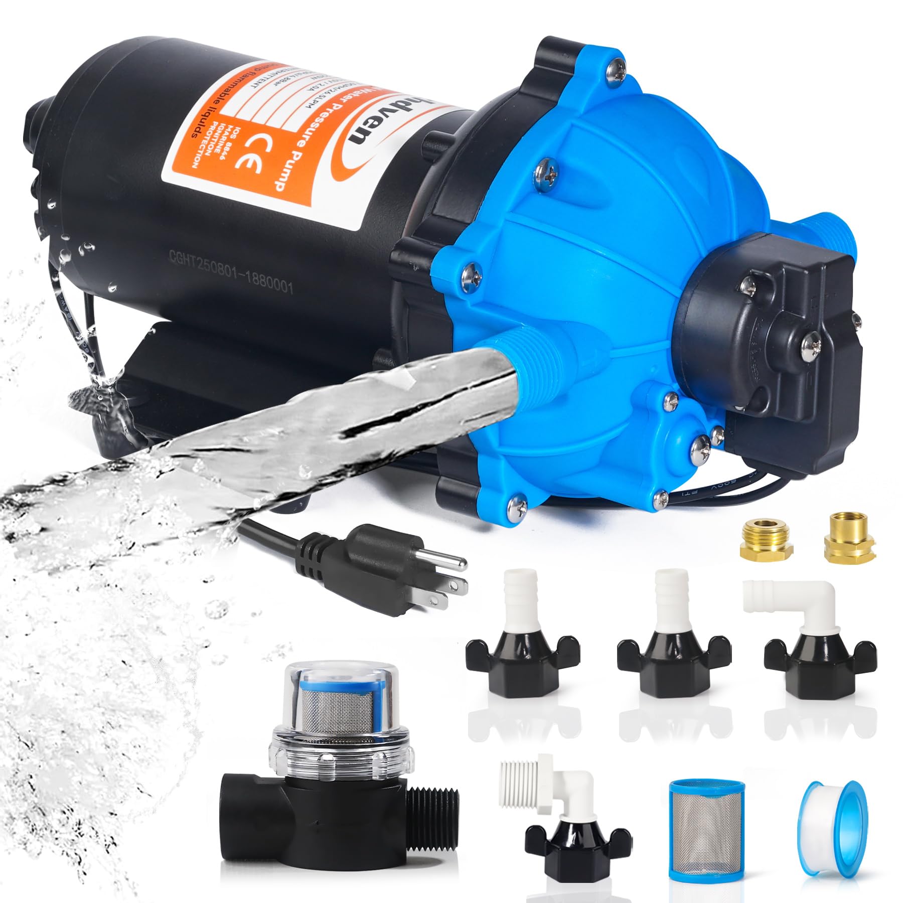 Upgraded 110V AC Fresh Water Pump, 7GPM 70PSI, Five Chamber Self-Priming Diaphragm Pump with Heavy Duty Pressure Switch & Strainer for RV, Marine，Home