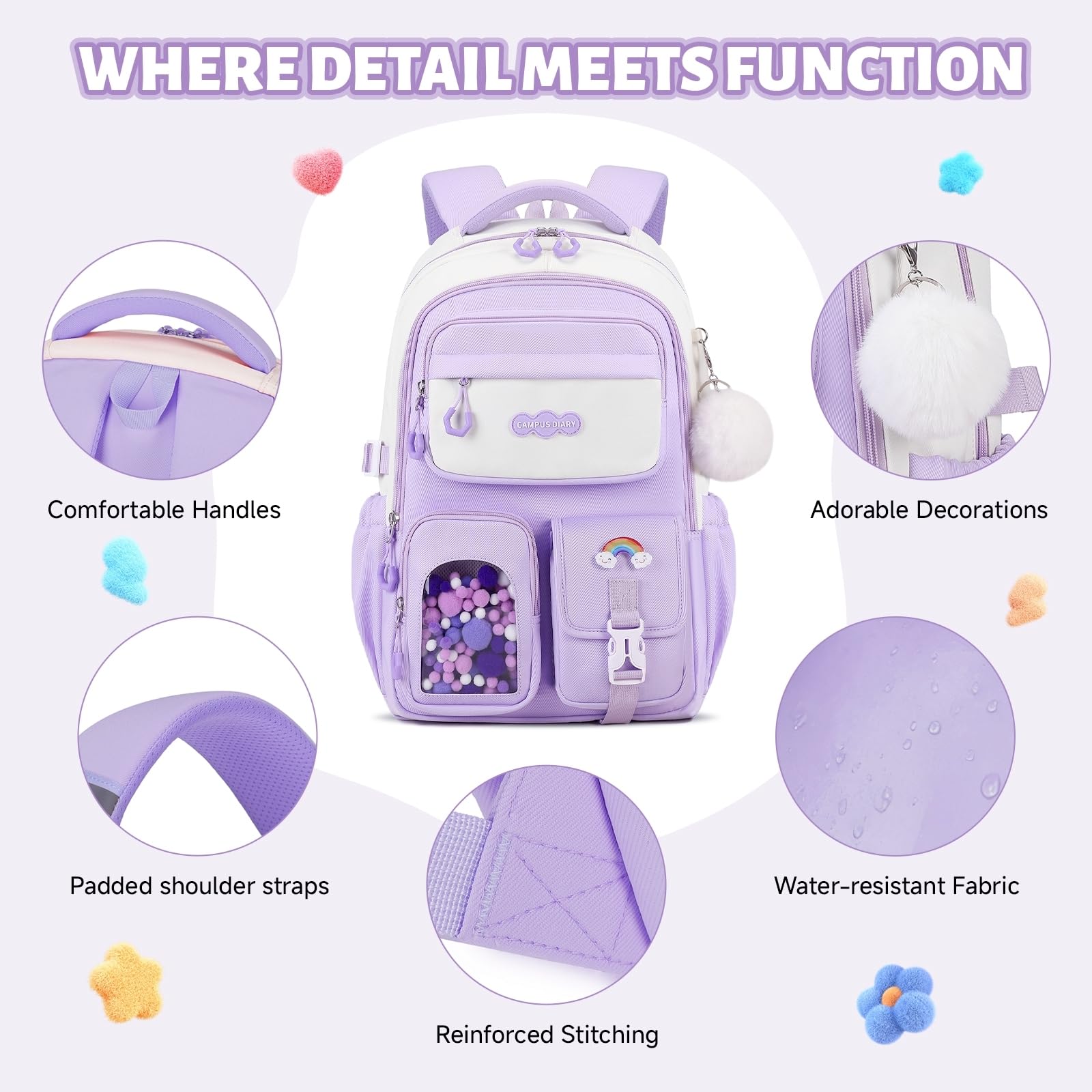 Amythe Sac à Dos Fille Kawaii, Cartable Scolaire Ado 24L, Cartable pour Fille Primaire Collège avec Réflecteurs (9-16 Ans), Sac D'école Enfant pour École Voyage et Loisirs, Violet
