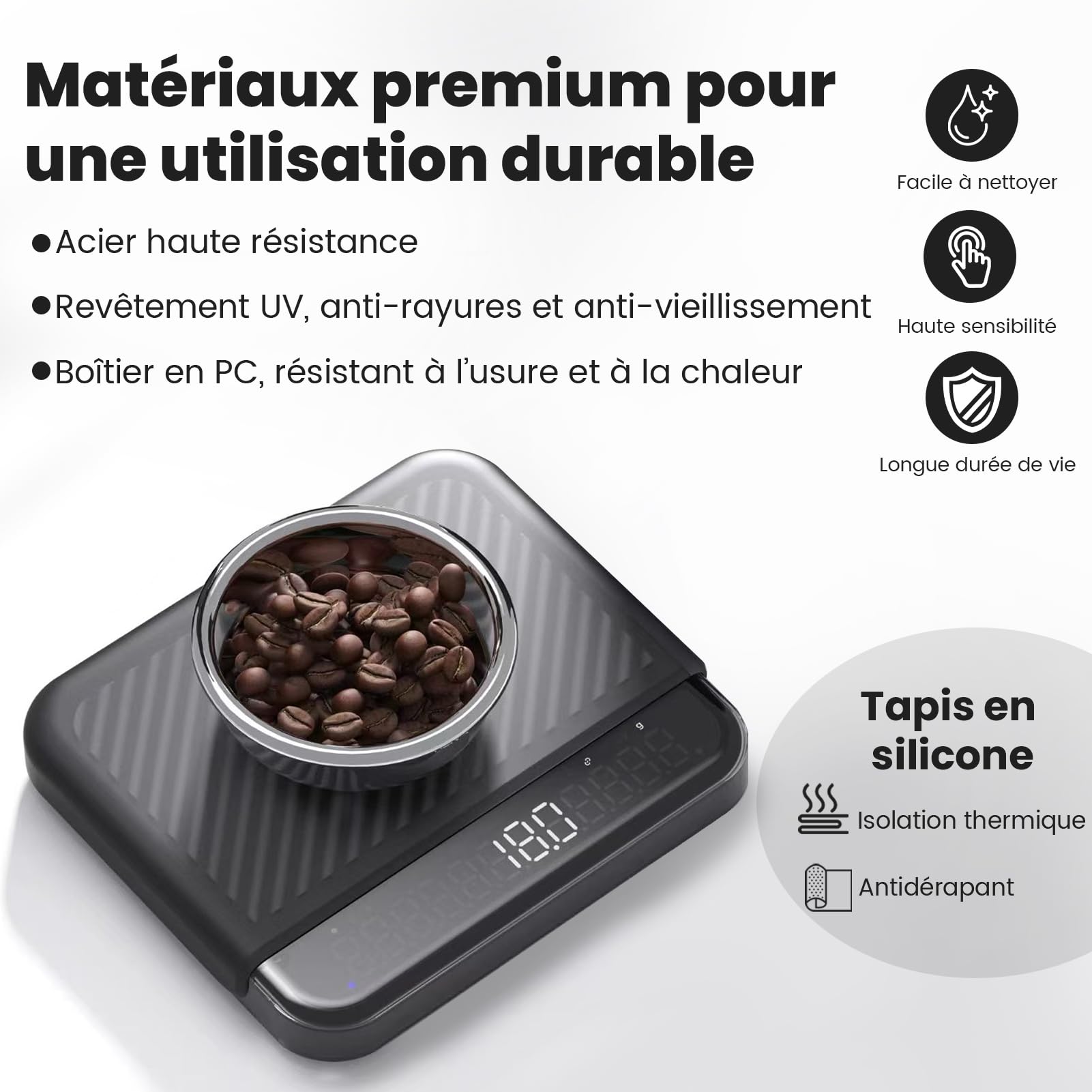 BOOKOO Balance à Café avec Minuterie, Balance Expresso 0,1 g, 2000 g, 4 Modes, Bluetooth avec Application, Suivi du Débit, IP67, Batterie 2000 mAh jusqu’à 72 h, USB-C, pour Expresso & Pour Over, Noire