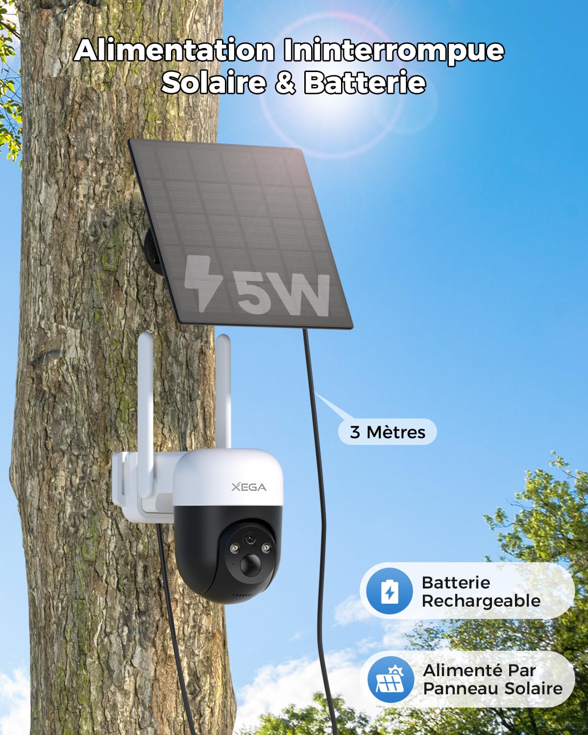 Xega 4G Caméra Solaire Extérieure avec Carte SIM sans WiFi Autonome
