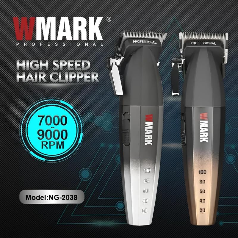 Image of WMARK Ultra Premium Professional 9000 RPM 2 Speed Hair Clipper Set Zinc Alloy Body Digital Display 6 Guide Comb Taper Lever Cutting Cape Cleaning Brush Hair Brush Hair Sticker 180 min, Model 21