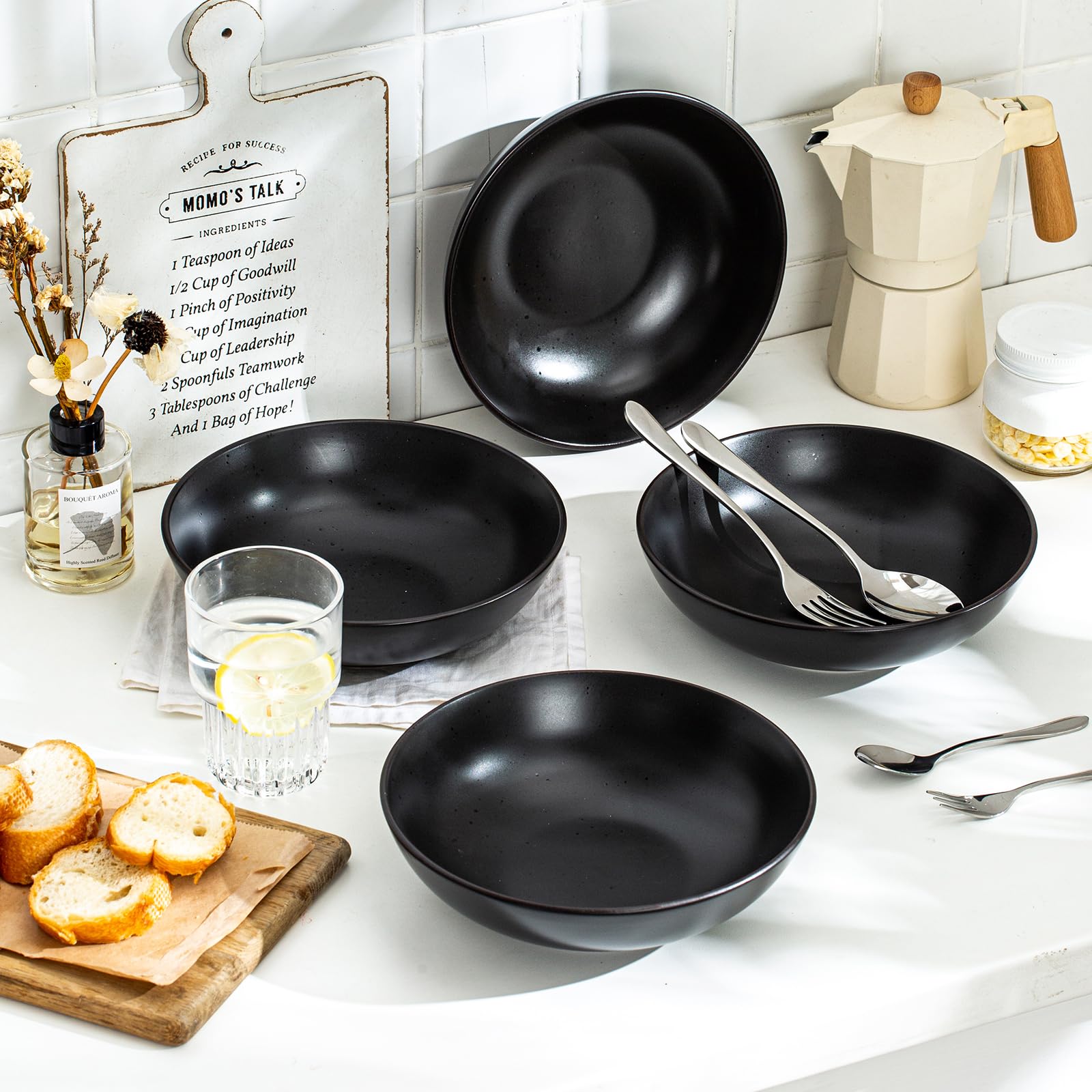 vancasso MODA Ciotole per Pasta Set di 4, 22.3 x 6.3 cm Piatti Fondi in Gres, Piatti per Pasta, 45 oz Ciotole Grandi per Insalata, Adatti al Forno a Microonde e Lavastoviglie, Nero