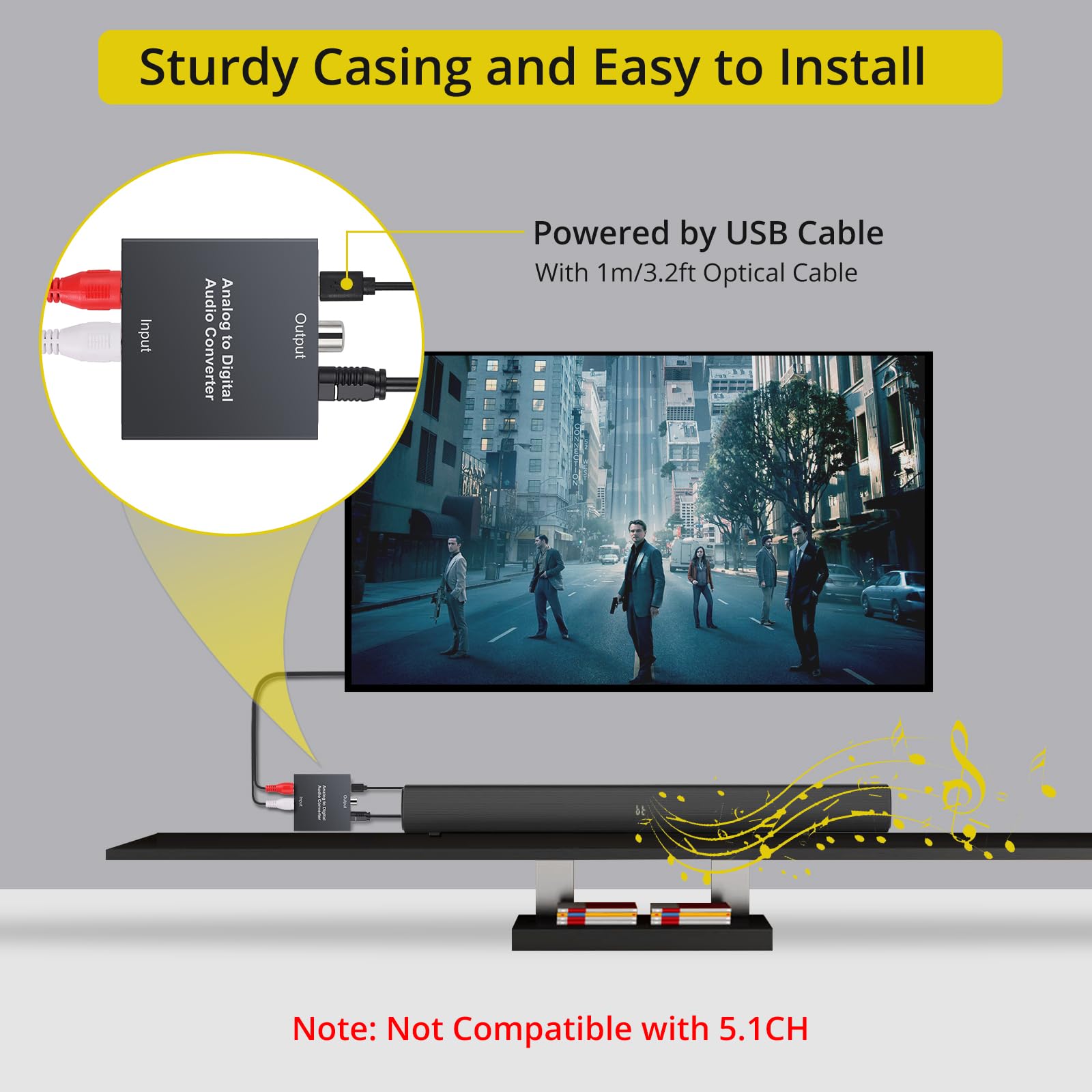 PROZOR Convertitore Audio Analogico a Digitale RCA Jack 3.5mm AUX a Toslink Ottico Coassiale con Cavo Ottico OD 4.0 per PS3 Blu-ray HD DVD AV