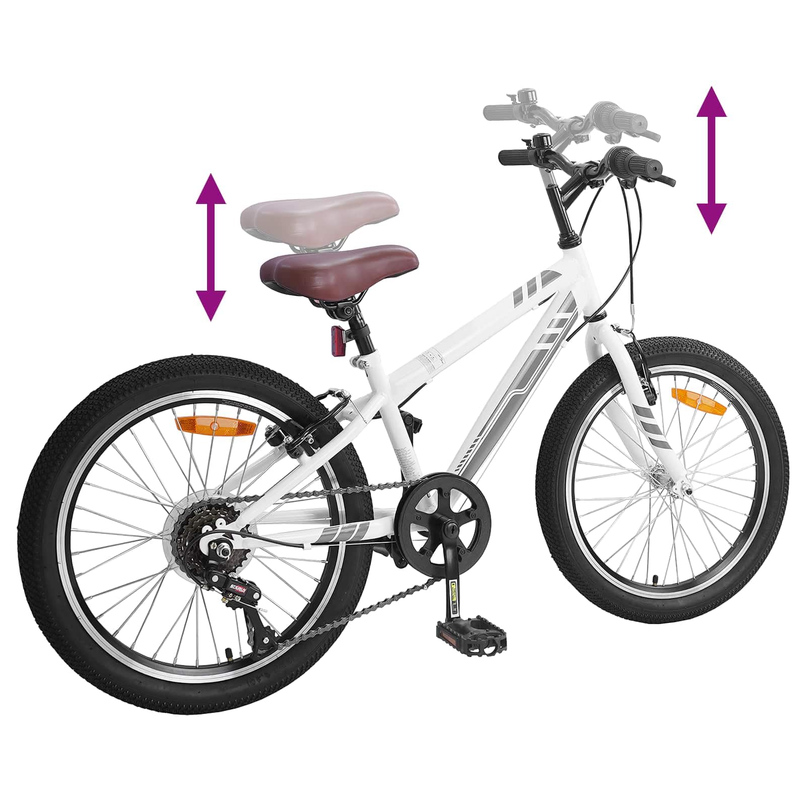 Bicicleta de montaña de 24 pulgadas, color blanco, para 8 – 12 años, con cambio de 6 velocidades, manillar y asiento ajustables, marco de acero para terreno, viajeros y ocio, incluye timbre