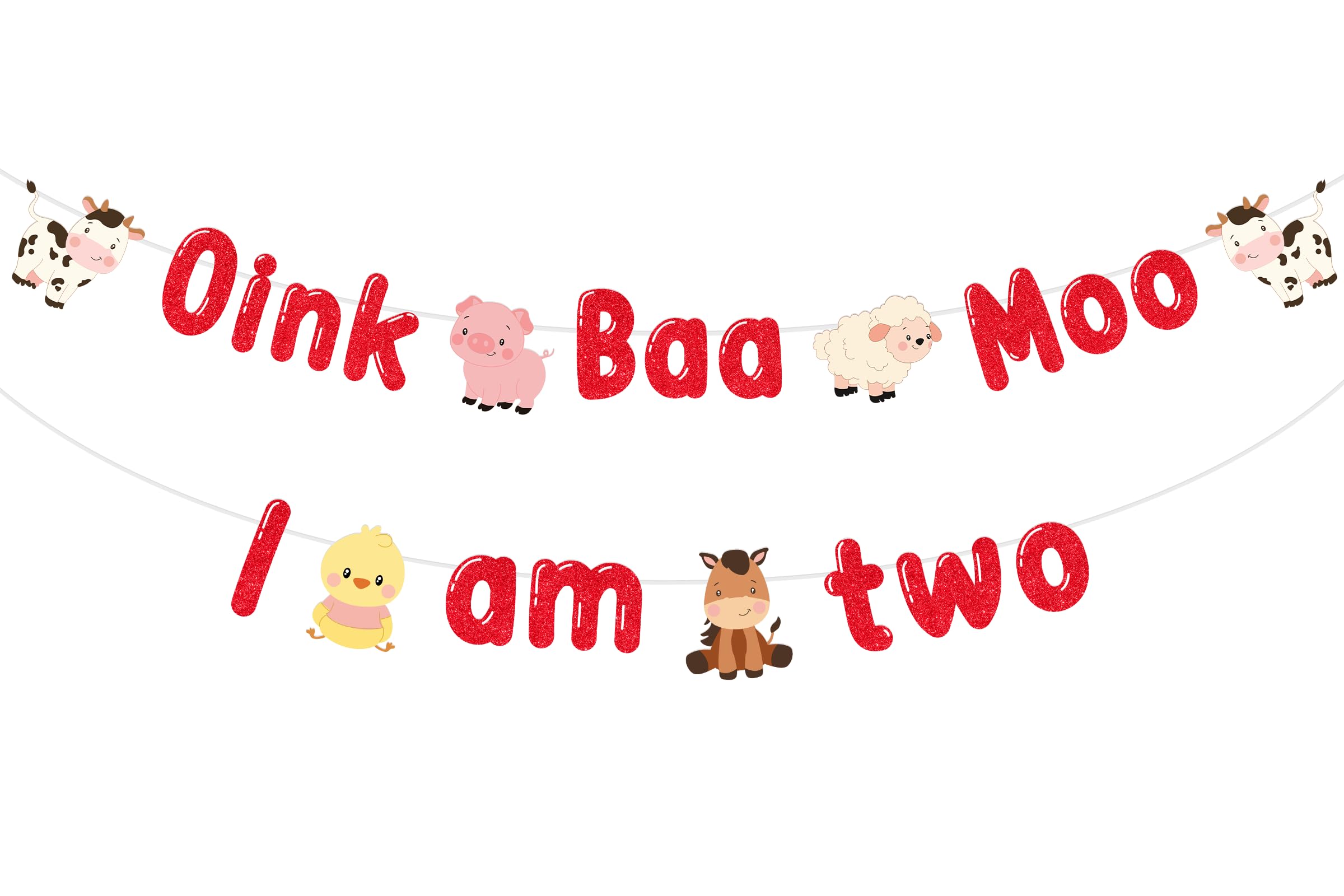 JOYMEMO Oink Baa Moo I am Two Banner - Farm Animal 2nd Birthday Party Decorations Boy or Girl, Farm Animals Theme Barnyard Second Birthday Party Supplies