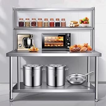 Open Base Stainless Steel Table, 55" 63" Tall Metal Kitchen Prep Table with 2 Adjustable Tier Overshelves, Large Double Layer Worktable WorkbenchH 55"/1.4m,47.2x31.5in/120x80cm