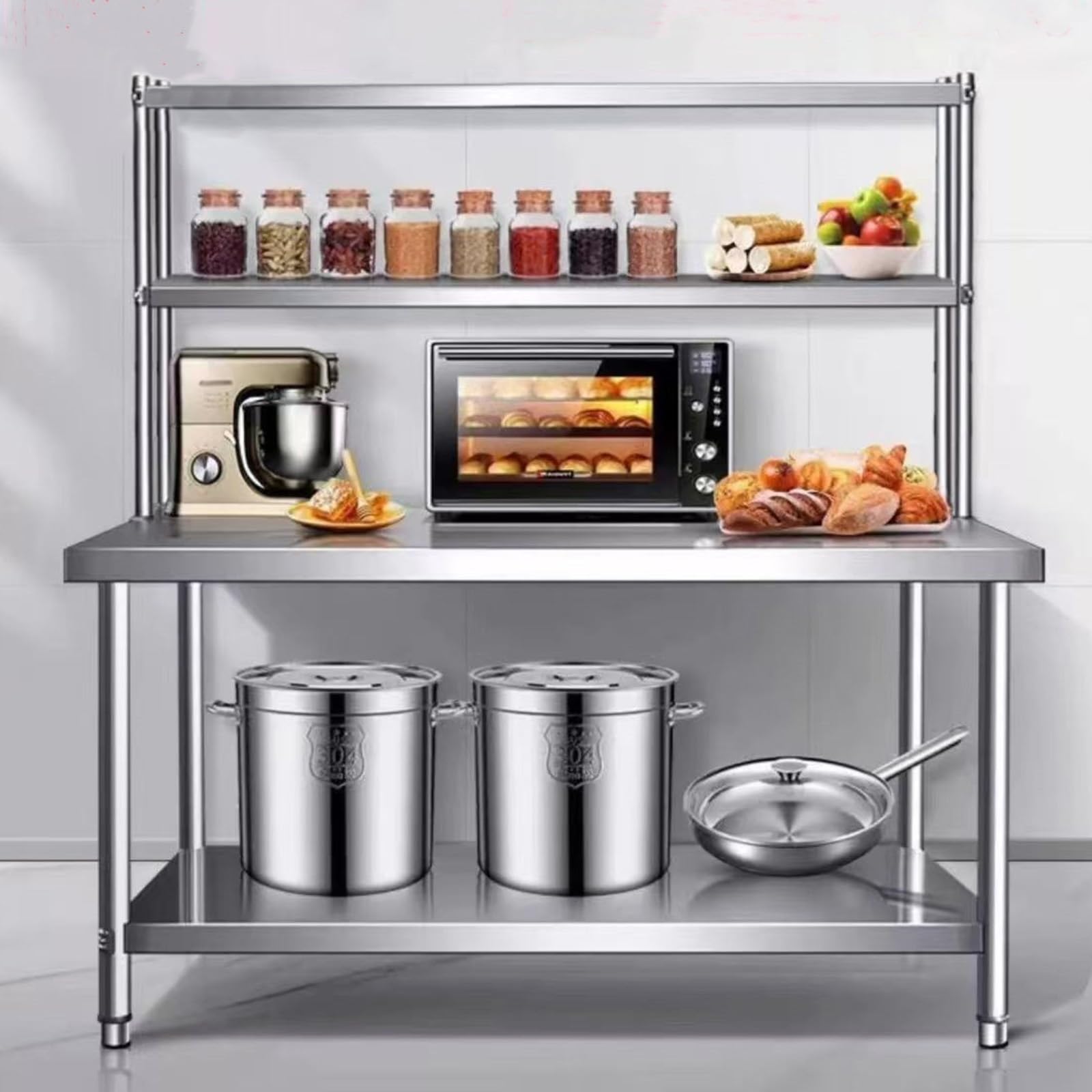Tavolo da Cucina in Acciaio Inox con Base Aperta, Altezza 55" (140 x 160 cm), con 2 Ripiani Superiori Regolabili, Ampio Piano di Lavoro a Doppio Strato (H 63"/1,6 m 59x23,6in/150x60cm)