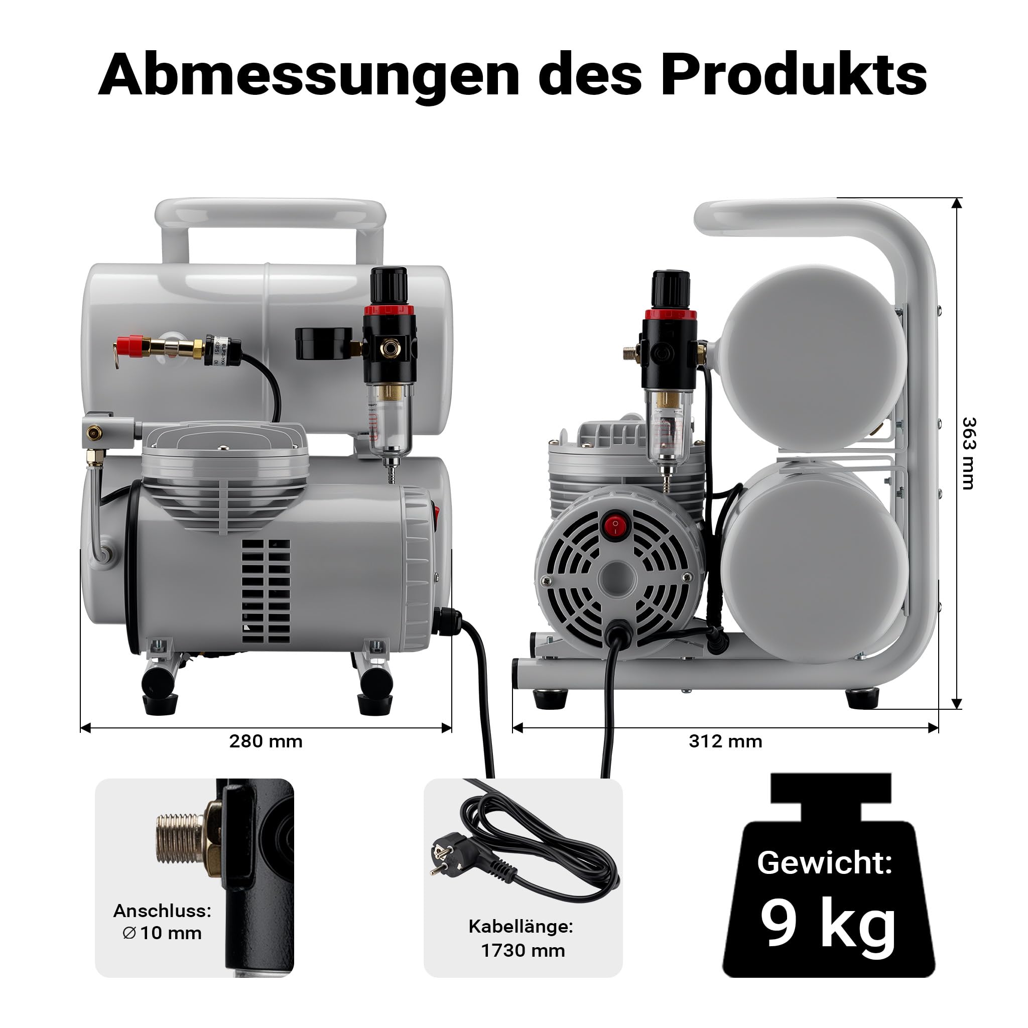 Wiltec Airbrush Kompressor AS06T 1/4 PS mit Zubehör, Kompressor für Airbrush-Pistole hohe Luftzufuhr 65-69 l/min, leistungsstarker Druckluftkompressor 3,2 bar, Luftkompressor für Airbrush-Design