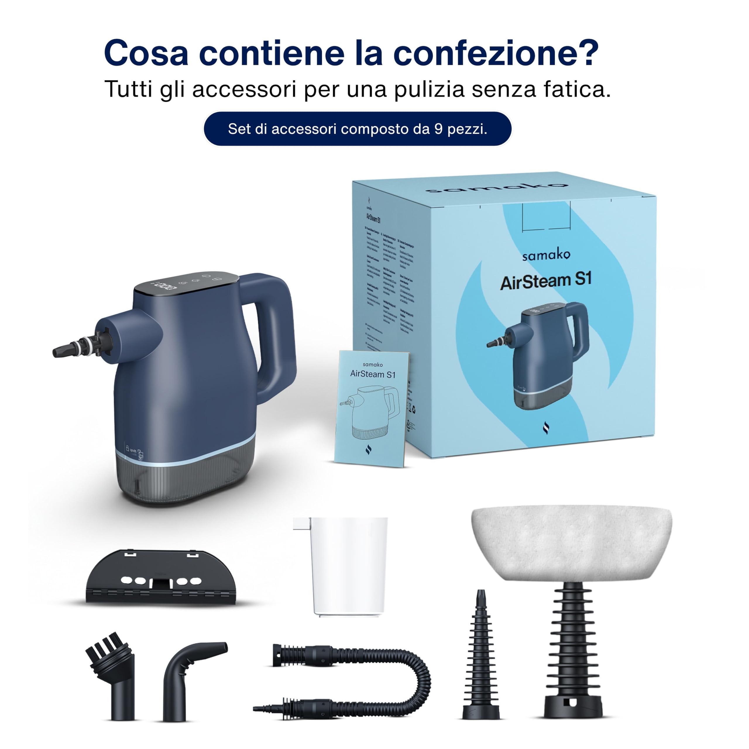 Samako AirSteam S1 Pulitore a vapore portatile 1350W – Pulizia rapida e mirata per cucina, bagno, vetri e tessuti, con 7 accessori, touchscreen e sicurezza bambini