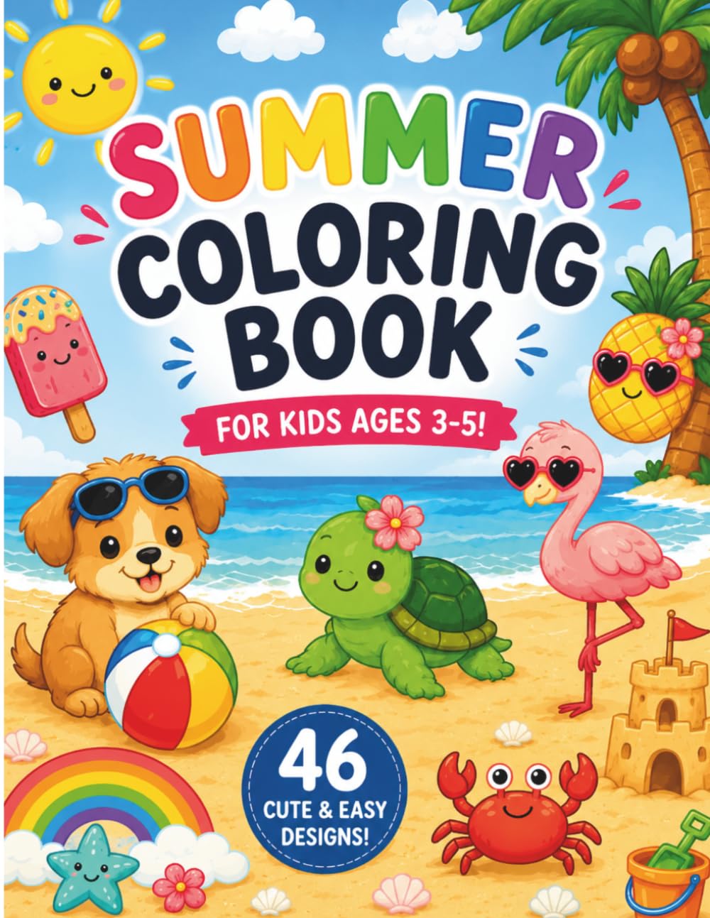 Summer Coloring Book for Kids Ages 3-5, Cute and Easy Designs with Animals, Rainbows, Ice Cream and Fun Beach Scenes for Toddlers and Preschoolers