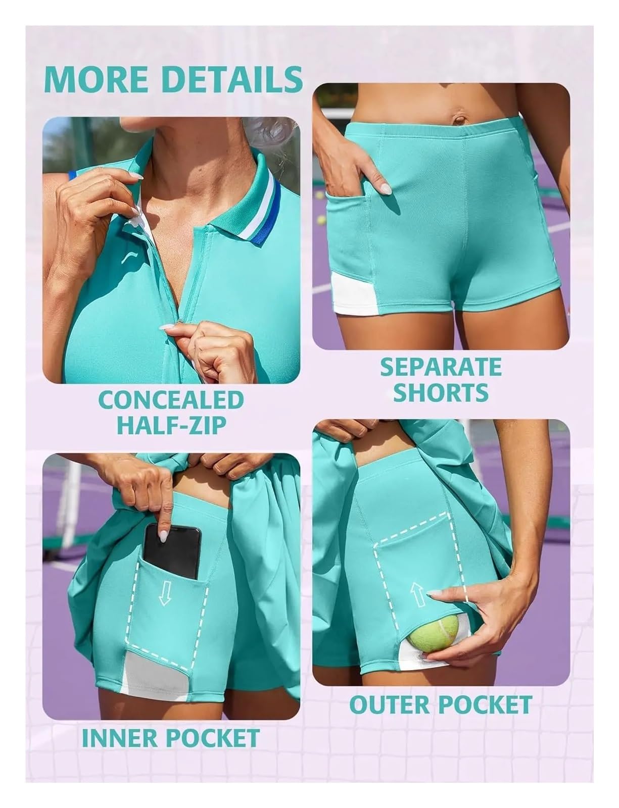 Robe Tennis Femme Robe De Tennis for Femmes, Polo, Demi-Fermeture Éclair, Plissée, avec Soutien-Gorge Intégré, Short Séparé, Une Pièce, Coupe Cintrée avec Poches, Robe De Golf