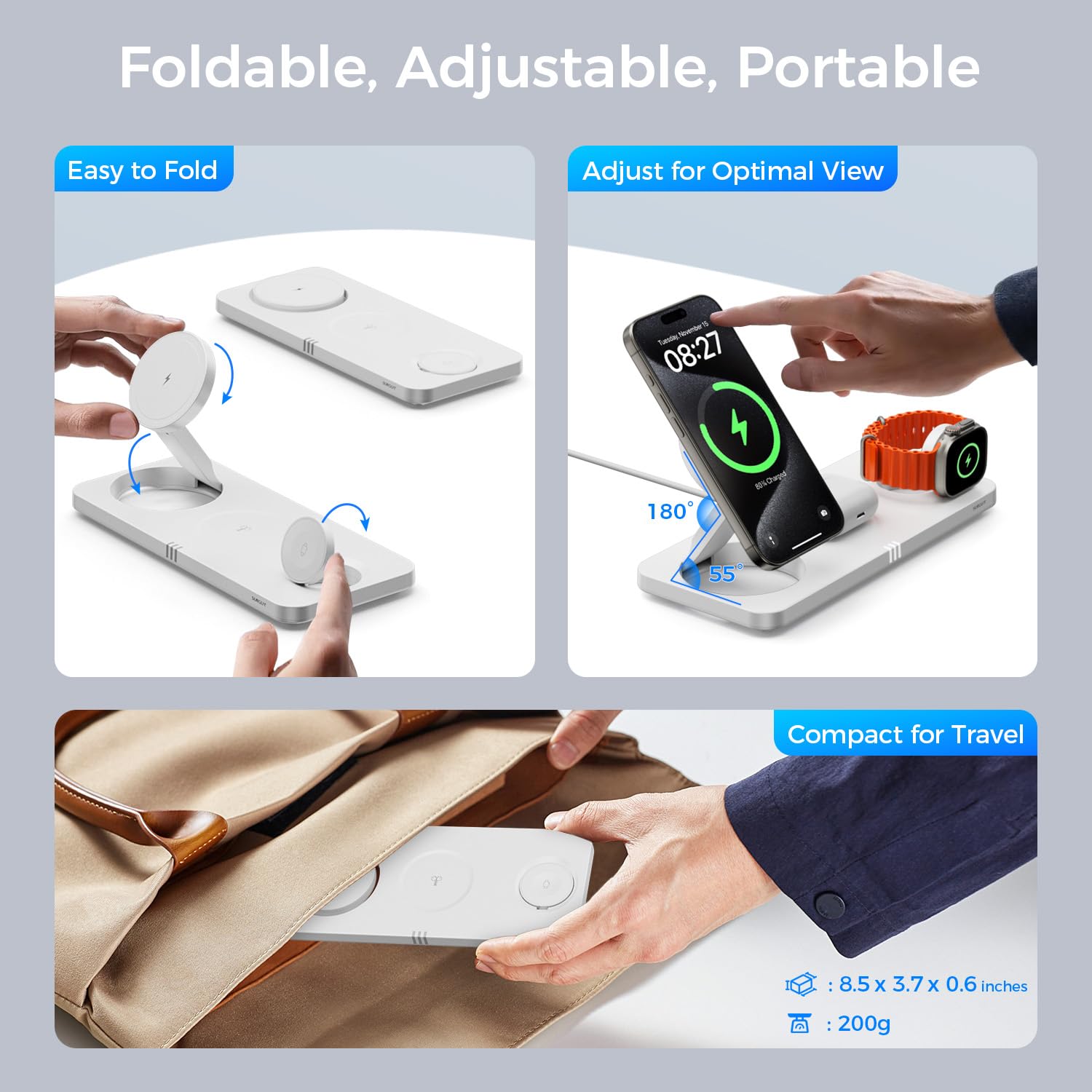 SUNGUY Bezprzewodowa ładowarka 3 w 1, indukcyjna stacja ładująca do Apple Watch i iPhone, przenośna stacja ładująca iPhone Apple Watch Airpods, biała (z zasilaczem USB-C i kablem)